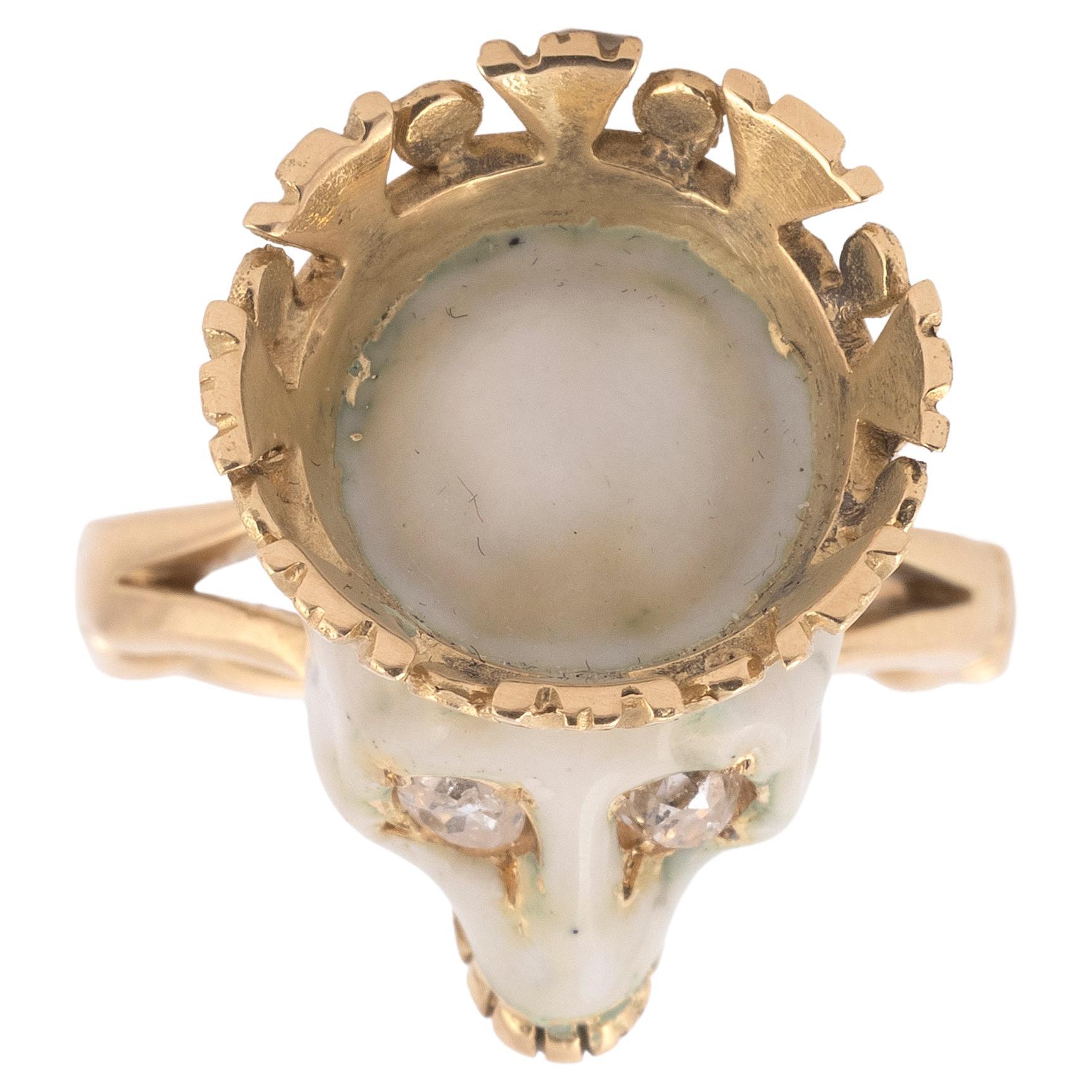 Brilliant Cut 18 Karat Yellow Gold Enamel and Diamond Crowned Skull Ring