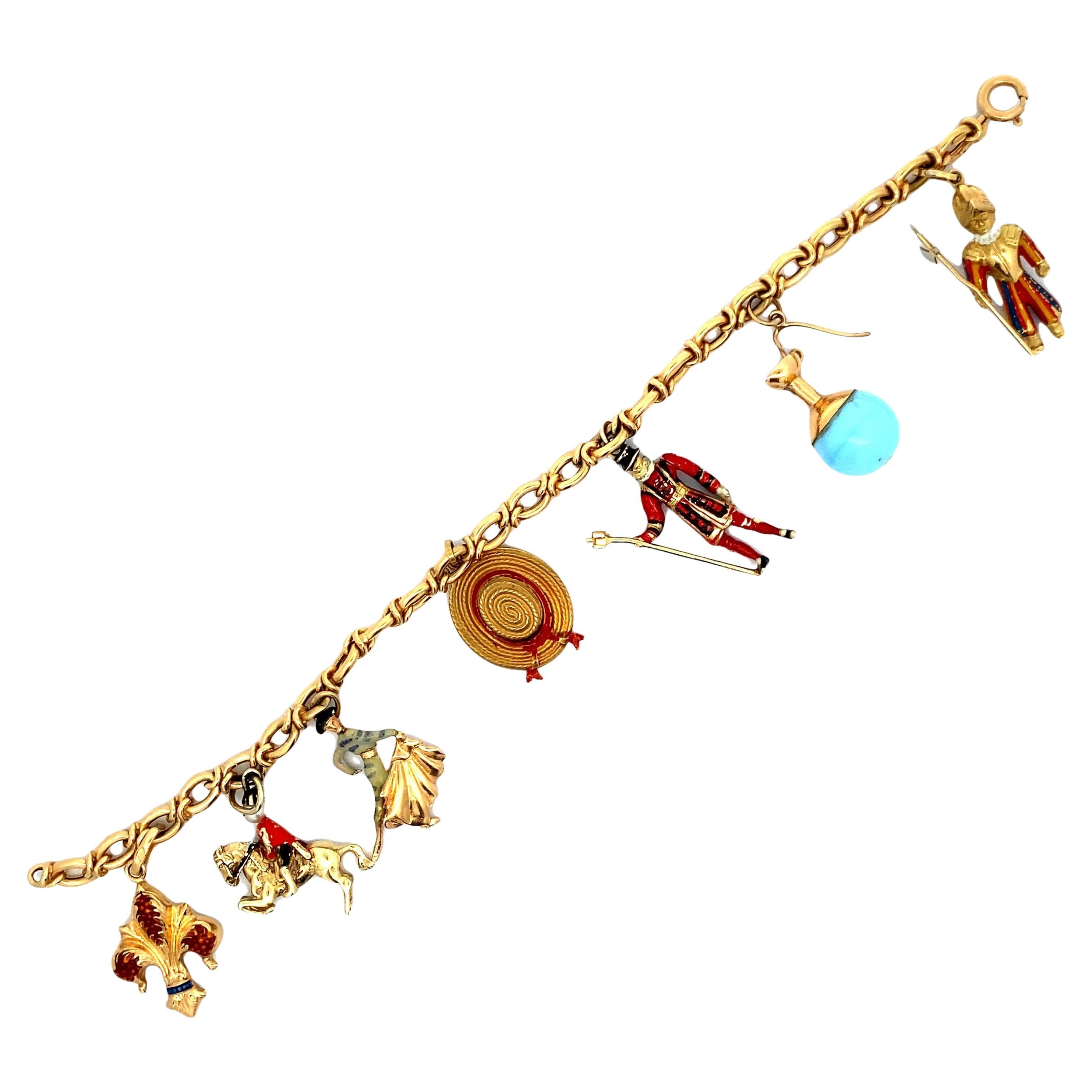 Moderniste Bracelet à breloques en or jaune 18 carats et émail en vente