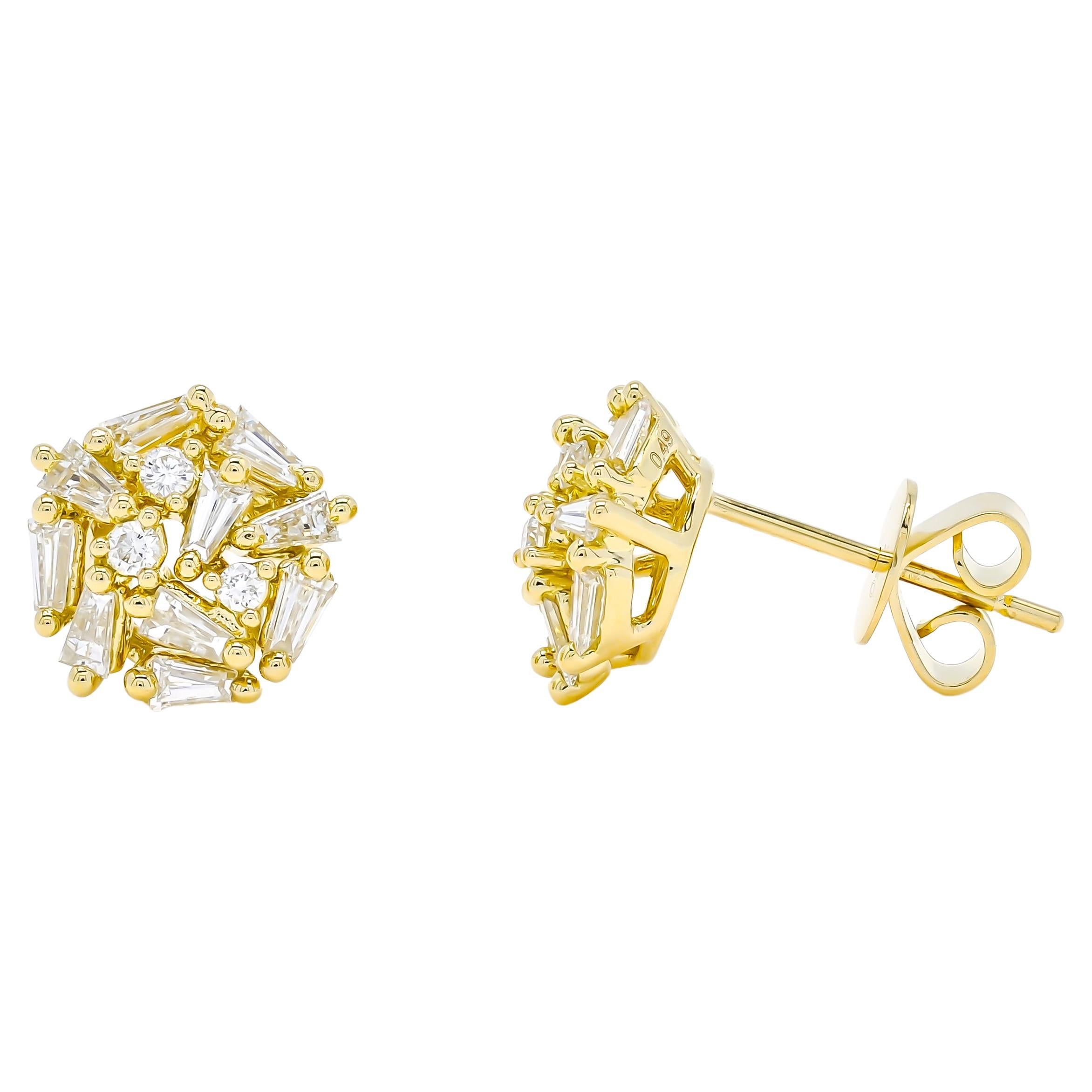  Natural Diamond Earrings 0.96 cts 18 Karat Yellow Gold Cluster Stud Earrings