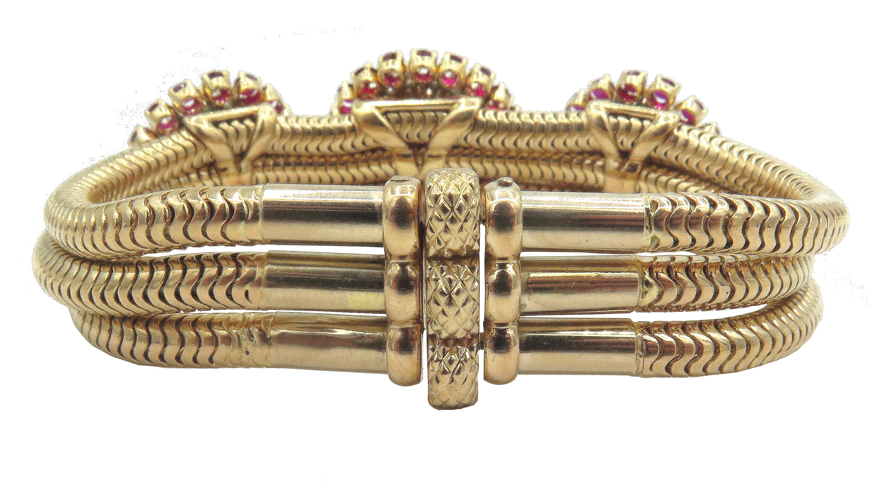 Women's 18 Karat Yellow Gold Fancy Ruby and Diamond Multi-Strand Bracelet For Sale