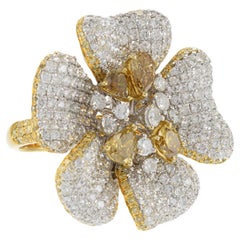 Anello a fiore in oro giallo 18KT con diamante bianco e giallo fantasia