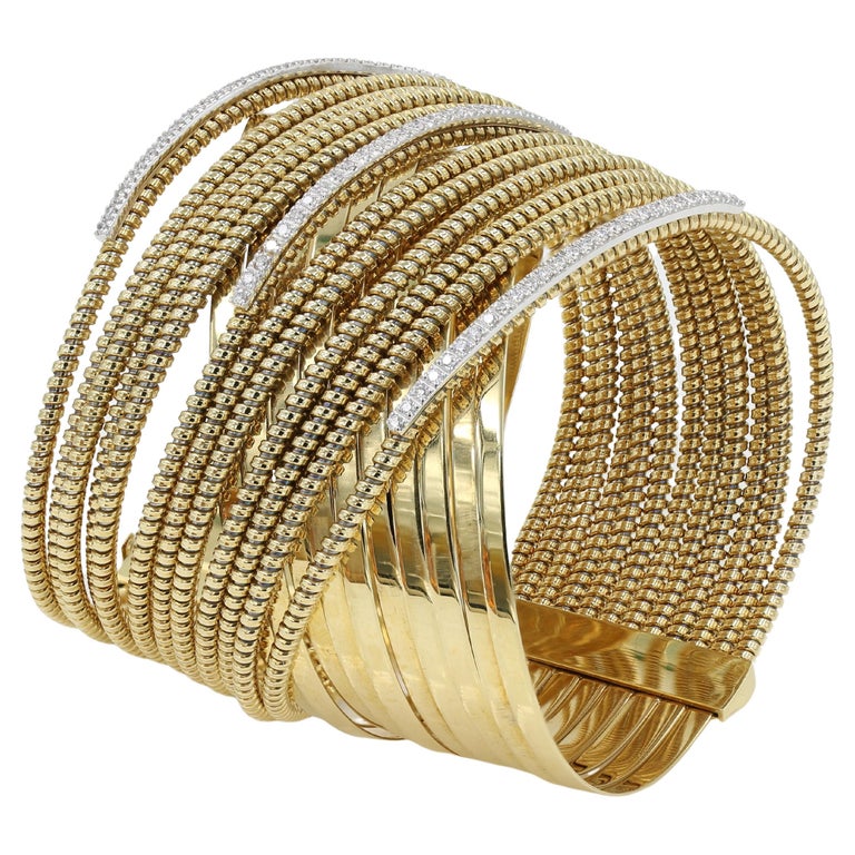18kt Yellow Gold Flexible Wide Bracelet with Diamonds at 1stDibs