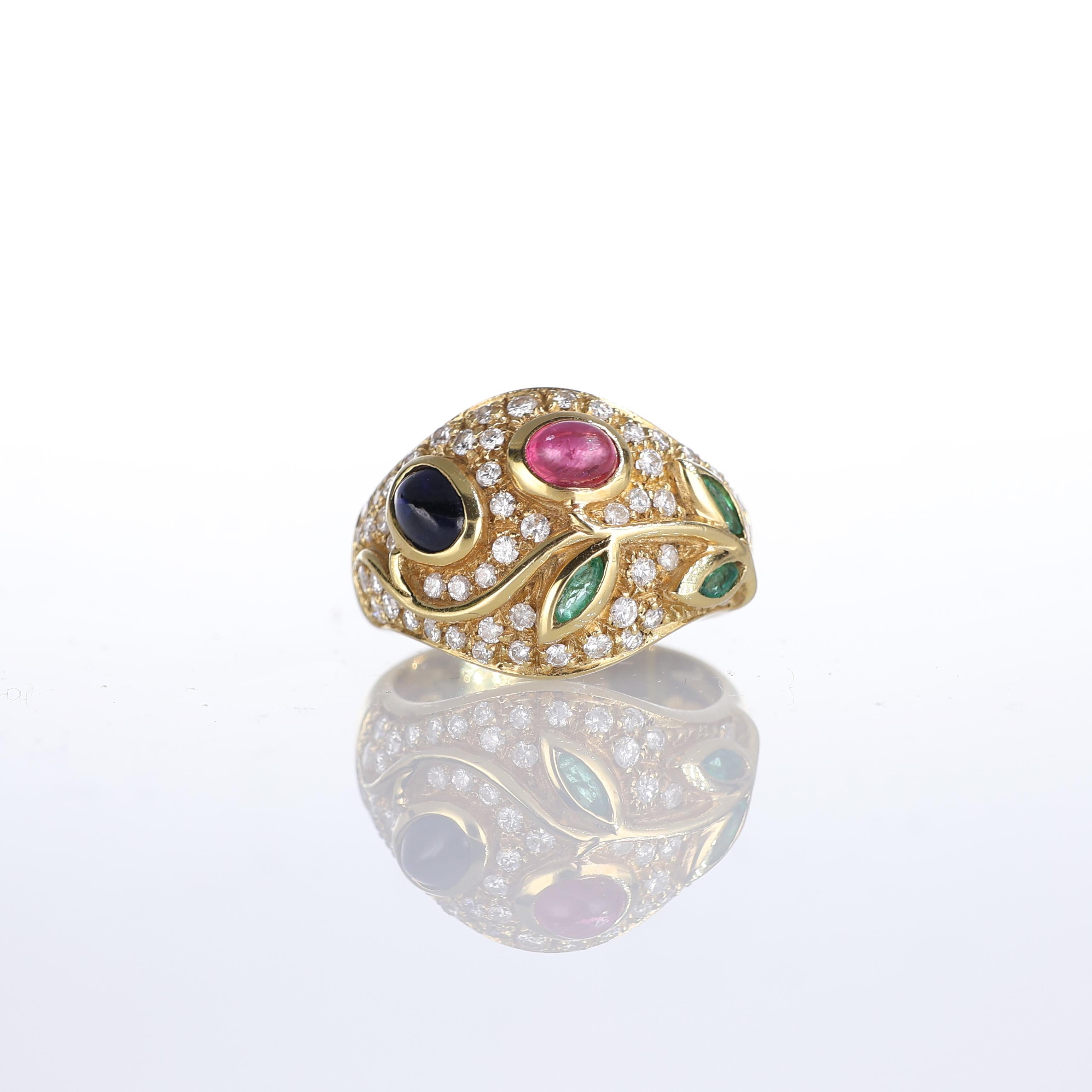 IMPORTANT NOTE:
✔ No additional costs will be added to this order.
✔ Shipping and customs duties are fully covered by us.
--------------------
An elegant 18kt yellow gold band ring featuring a delicate floral design enhanced by vibrant gemstones.