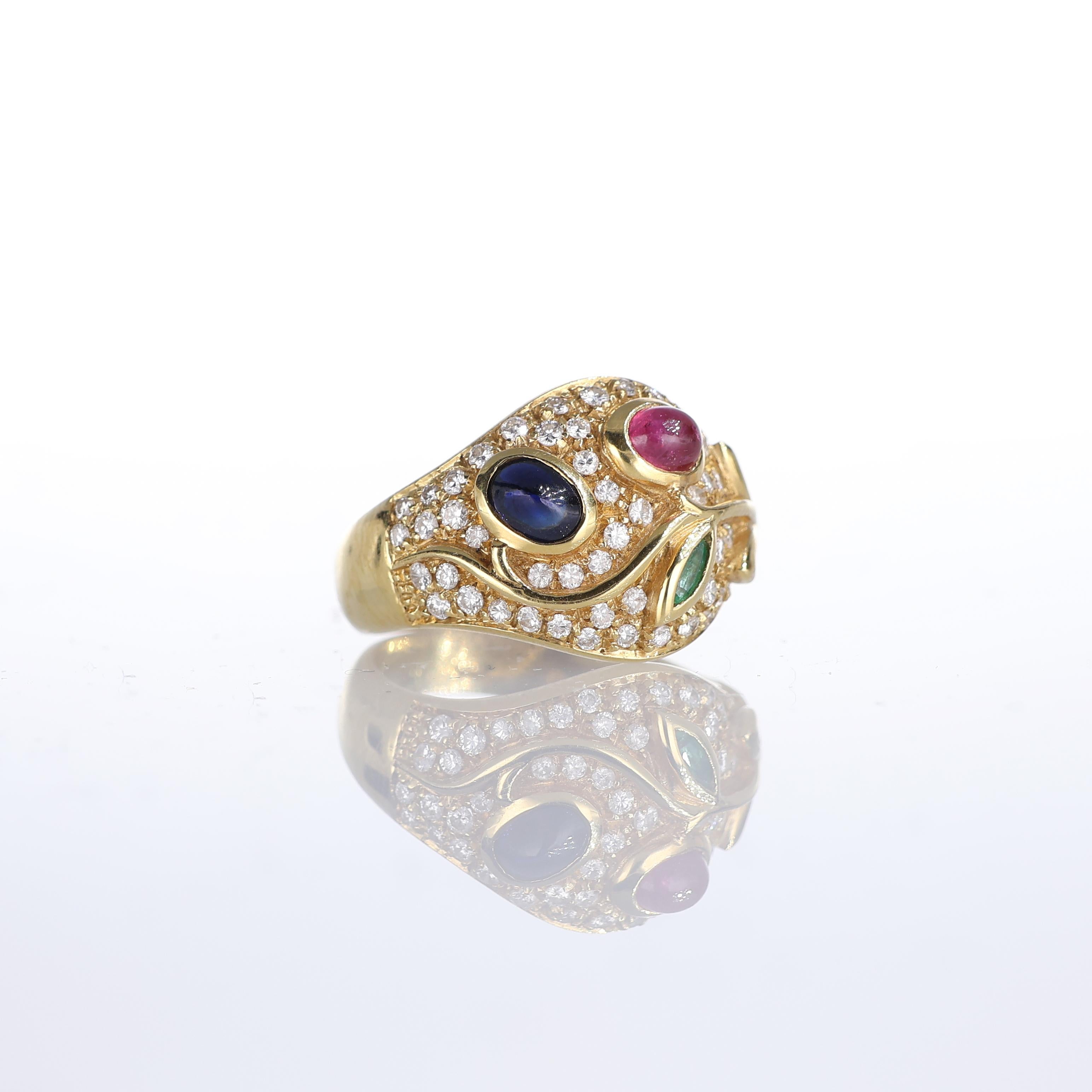 Brilliant Cut 18kt Yellow Gold Floral Design Band Ring with Gemstones For Sale