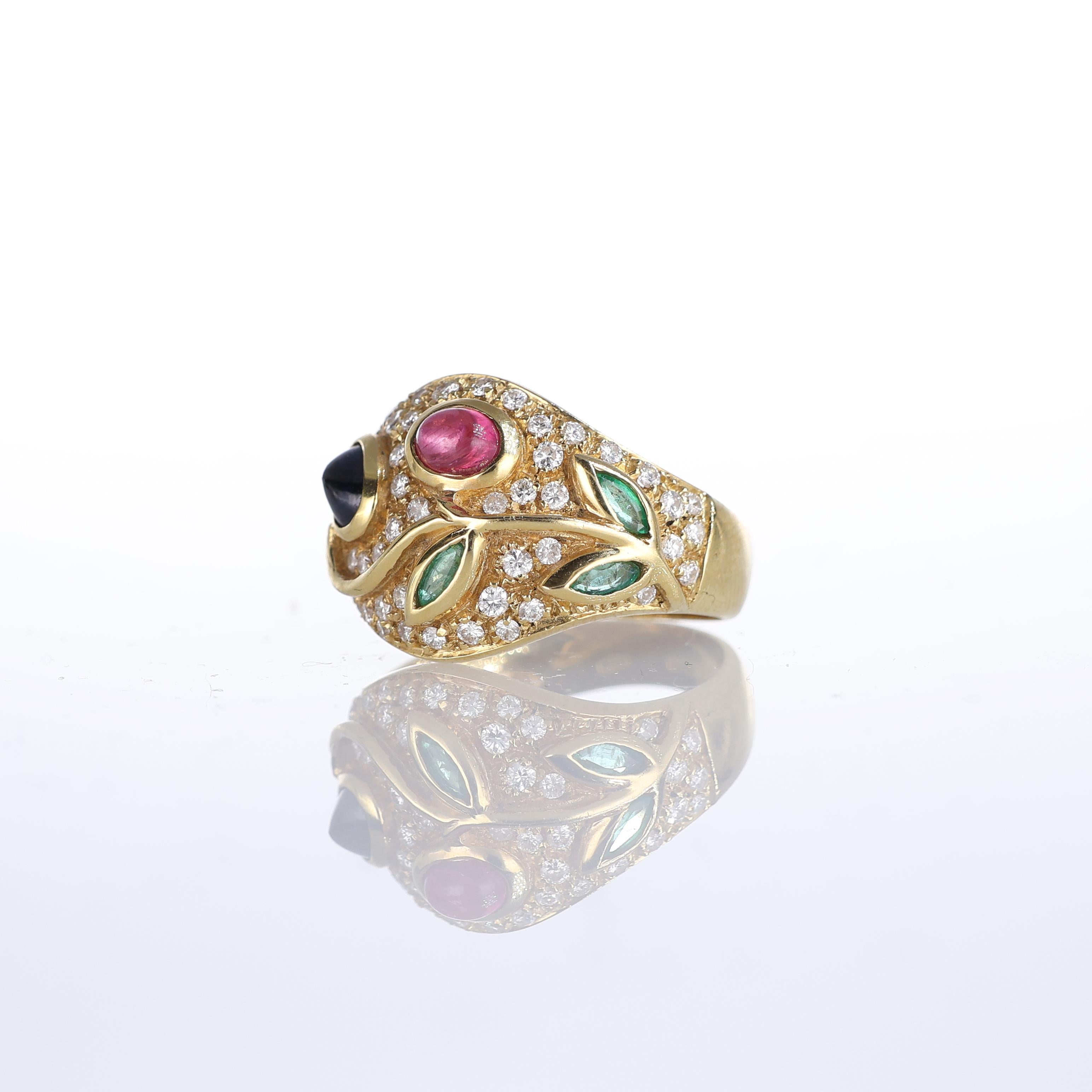 18kt Yellow Gold Floral Design Band Ring with Gemstones In New Condition For Sale In Bergamo, BG
