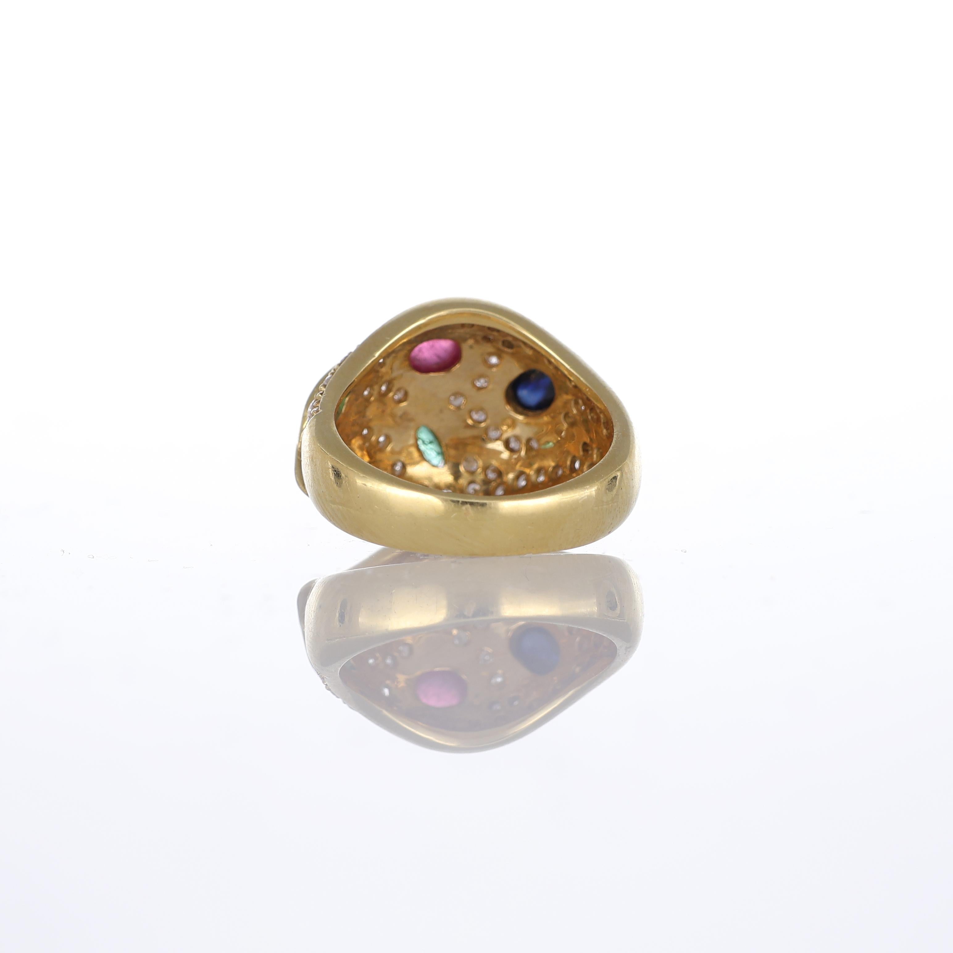 Women's or Men's 18kt Yellow Gold Floral Design Band Ring with Gemstones For Sale