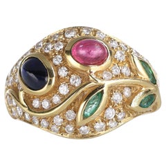 18kt Yellow Gold Floral Design Band Ring with Gemstones