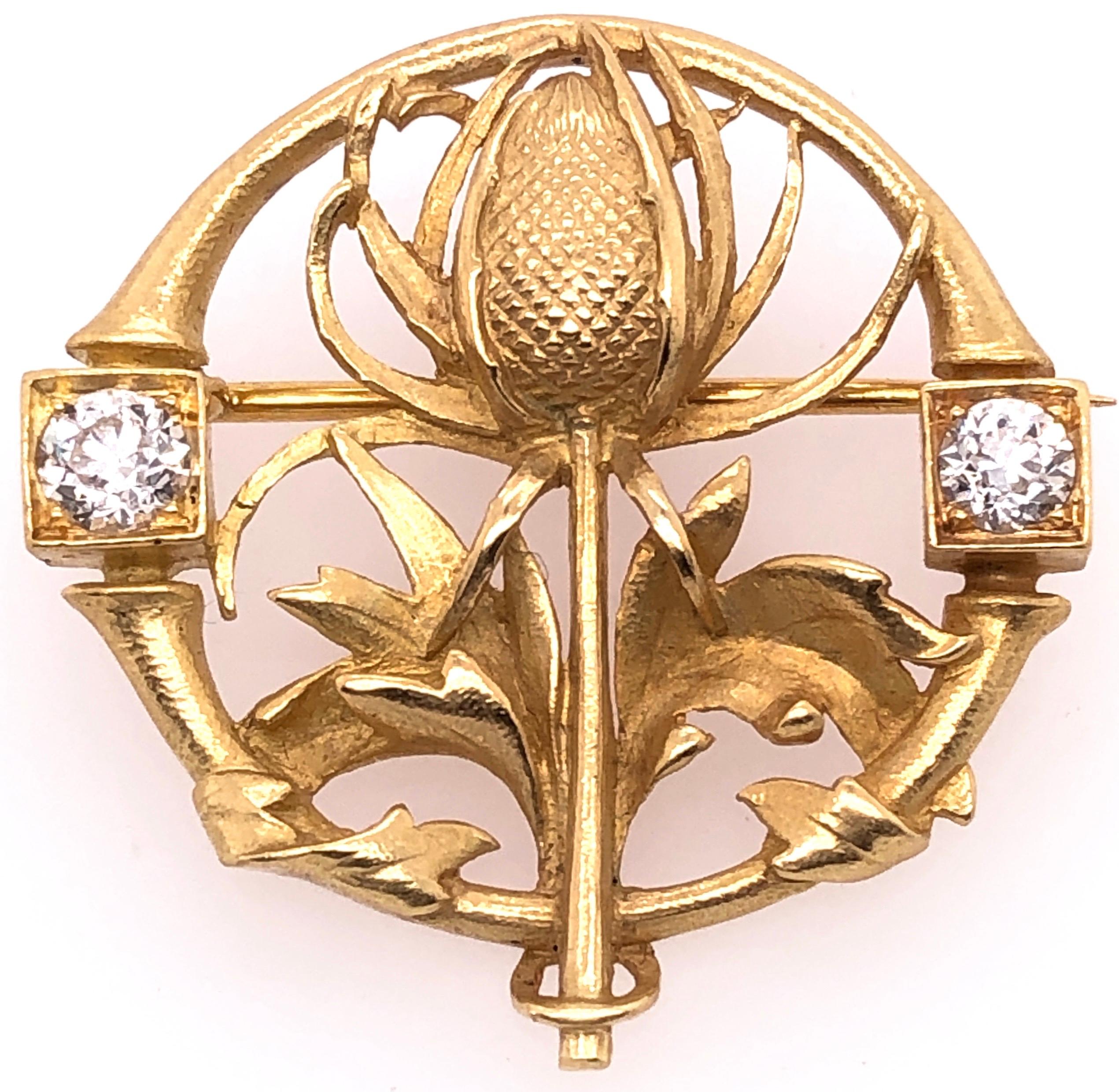 Art Deco 18 Karat Yellow Gold Floral Pin or Brooch Having Two Diamonds For Sale