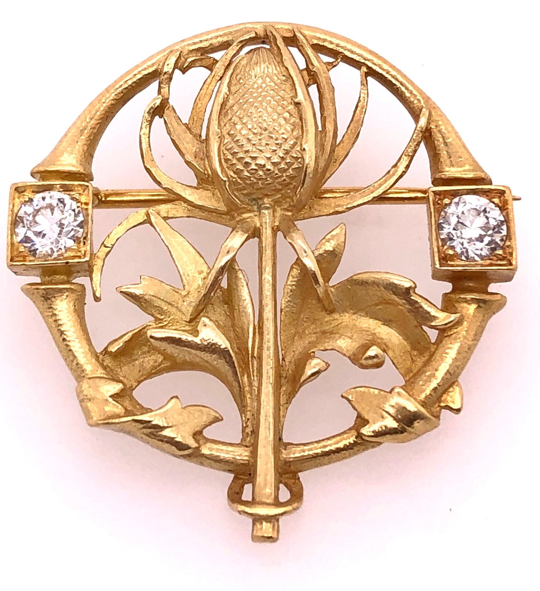 Round Cut 18 Karat Yellow Gold Floral Pin or Brooch Having Two Diamonds For Sale