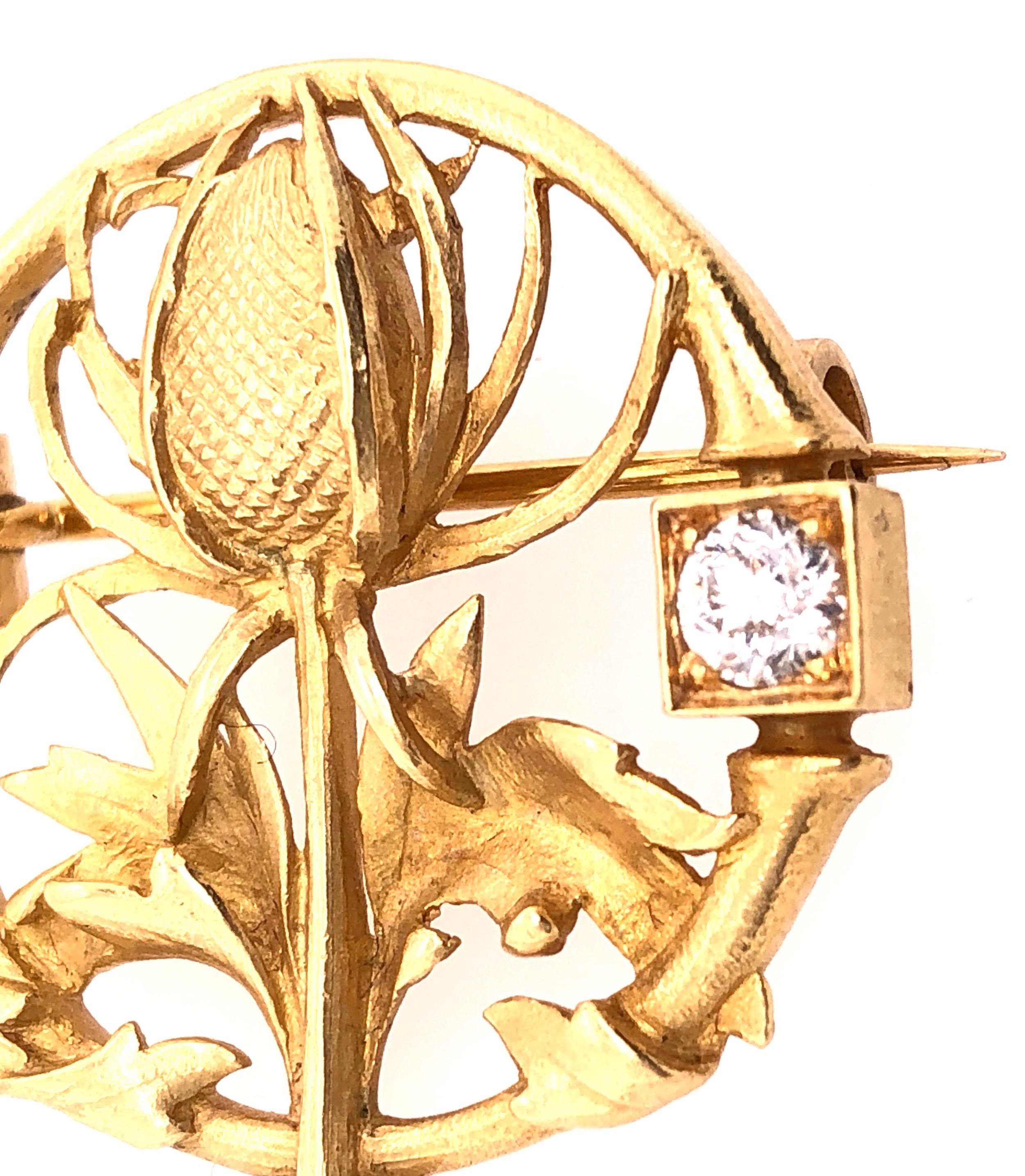 18 Karat Yellow Gold Floral Pin or Brooch Having Two Diamonds In Good Condition For Sale In Stamford, CT