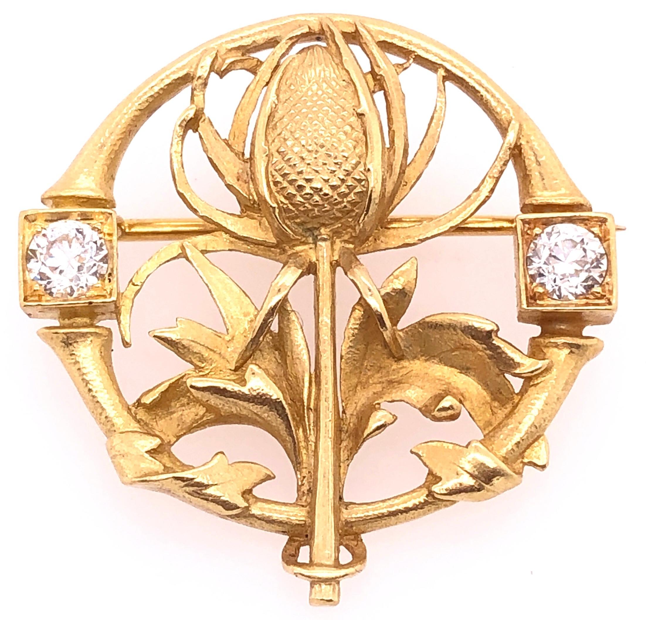 Women's or Men's 18 Karat Yellow Gold Floral Pin or Brooch Having Two Diamonds For Sale