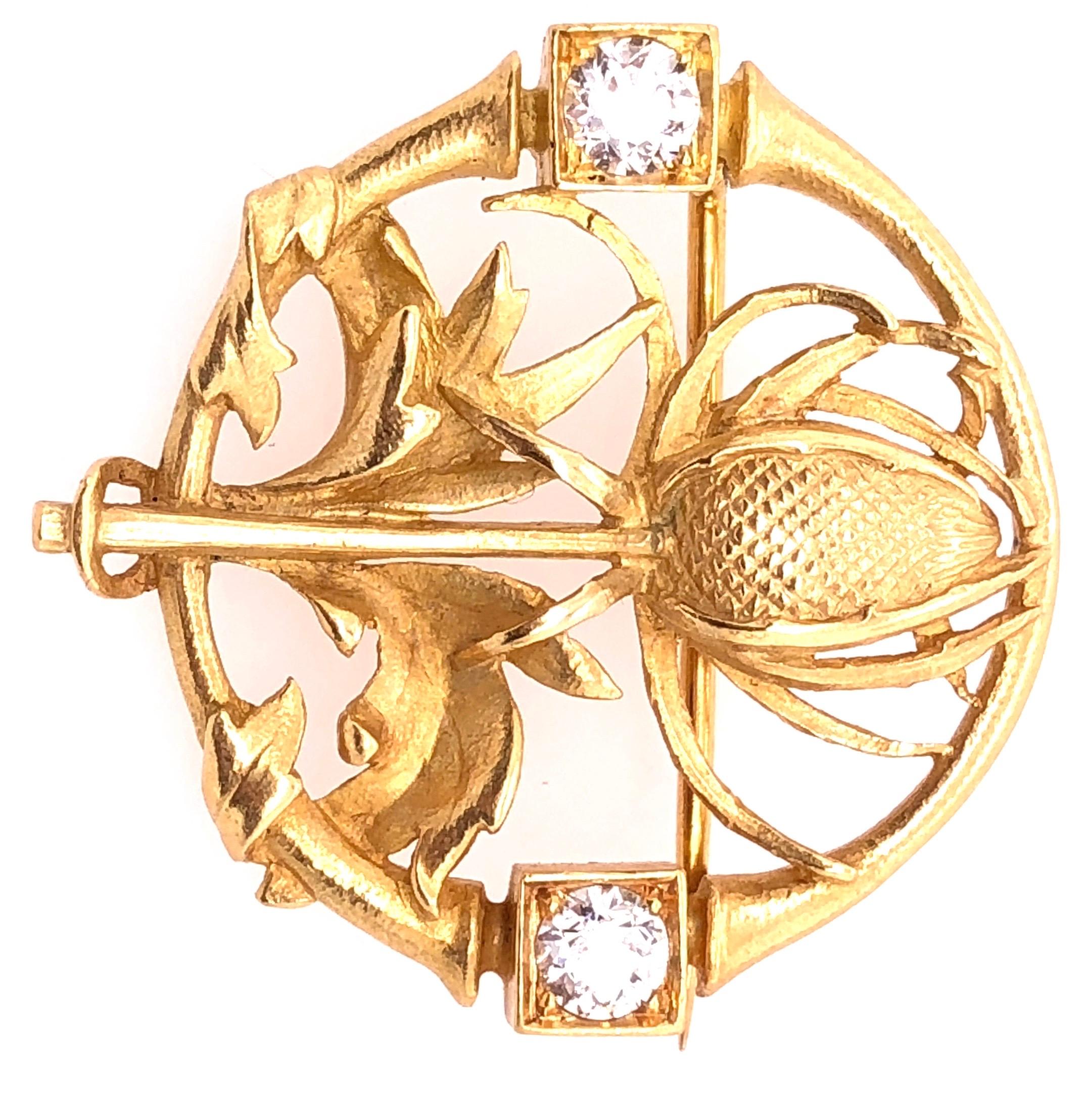 18 Karat Yellow Gold Floral Pin or Brooch Having Two Diamonds For Sale 1