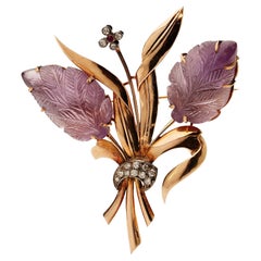 Vintage 18kt. Yellow Gold Flower Bouquet Brooch Set with 20.00 Ct. Cabochon Amethysts