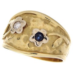 Vintage 18Kt Yellow Gold Flowers Ring White Diamond & Blue Sapphire