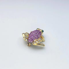 18 Karat Gold Frog Brooch, Invisibly Set Pink Sapphires, Diamonds and Emerald