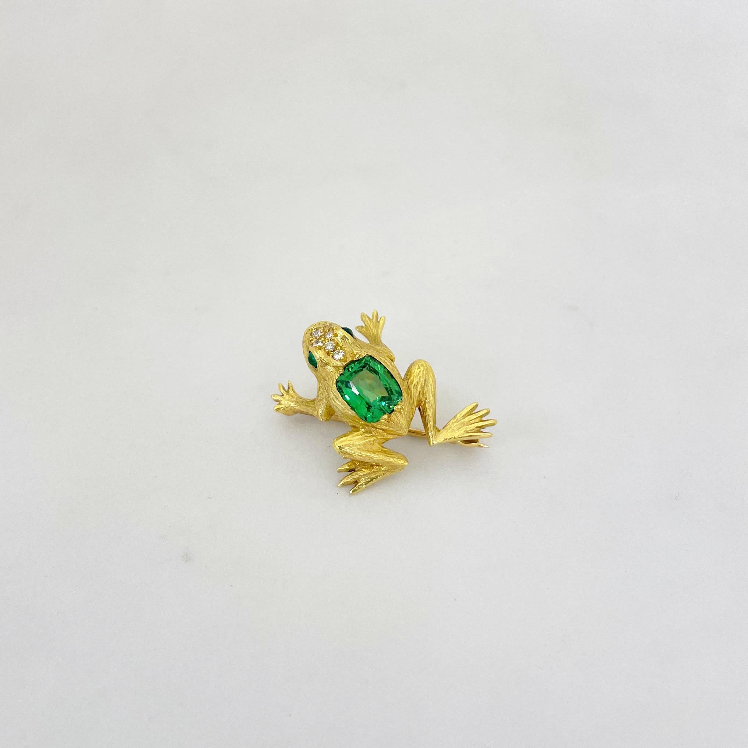 Contemporary 18KT Yellow Gold Frog Brooch with 1.86Ct. Green Tourmaline & 09.Ct. Diamonds