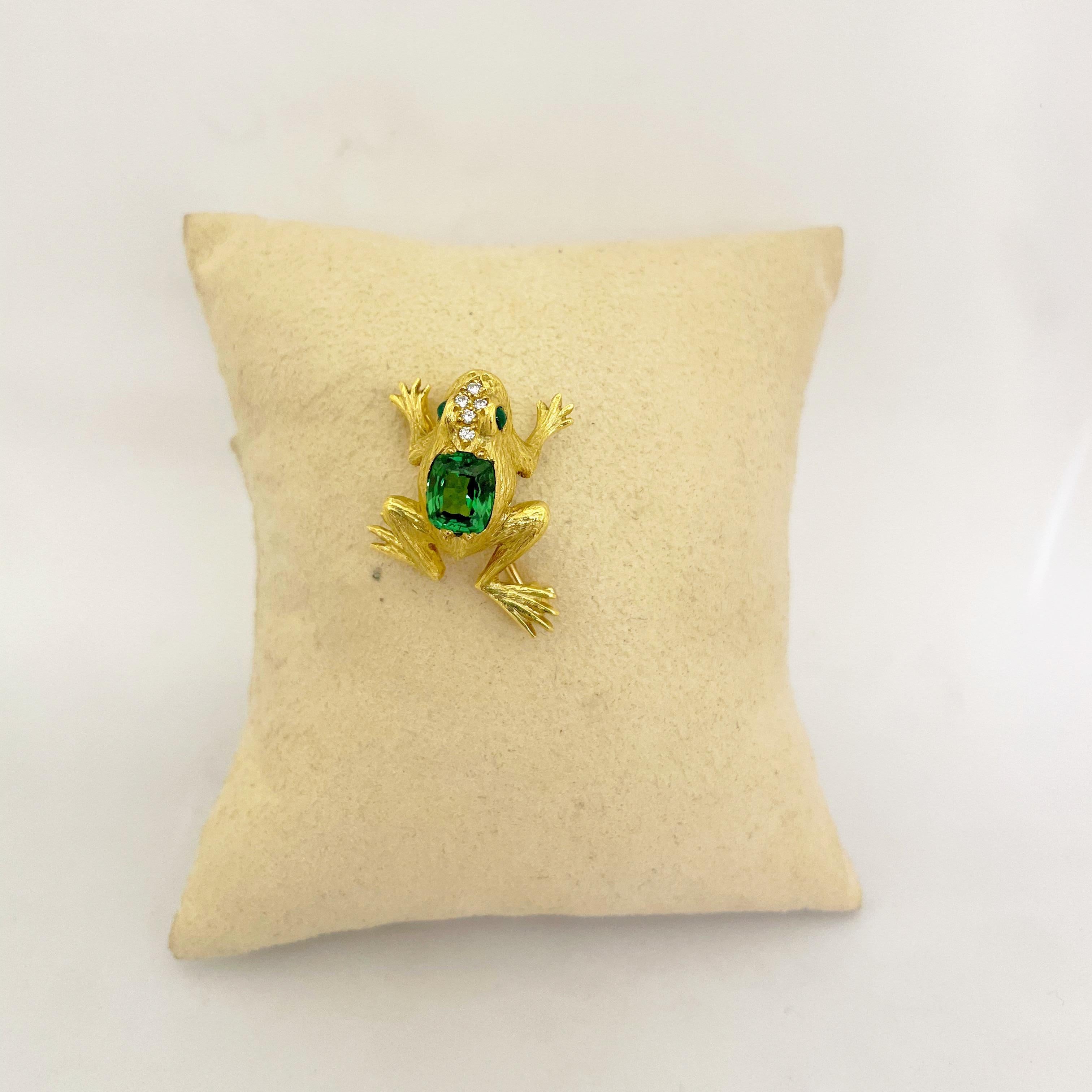 Women's or Men's 18KT Yellow Gold Frog Brooch with 1.86Ct. Green Tourmaline & 09.Ct. Diamonds