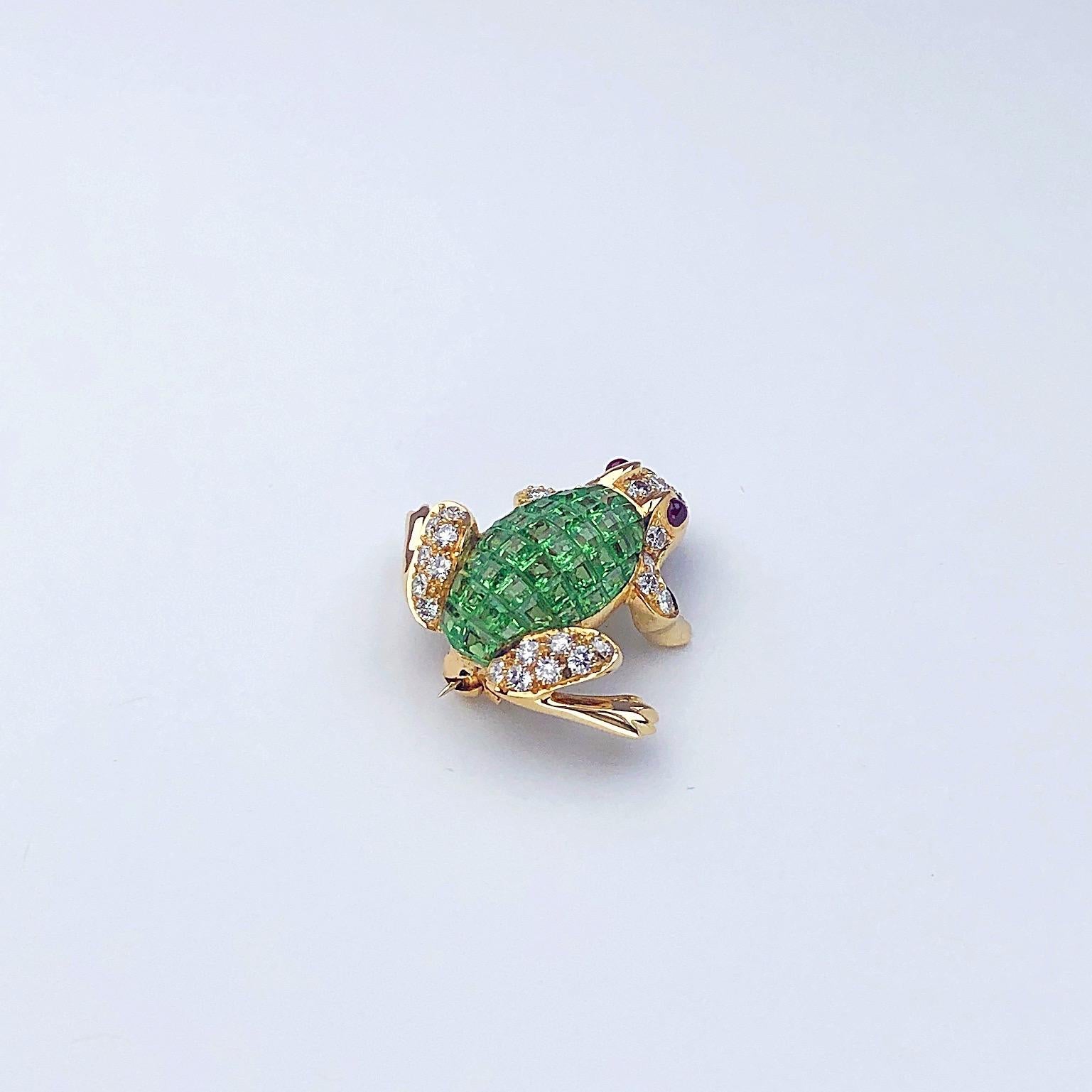 Contemporary 18 Karat Gold Frog Brooch with Invisibly Set Tsavorites, Diamonds, and Rubies For Sale