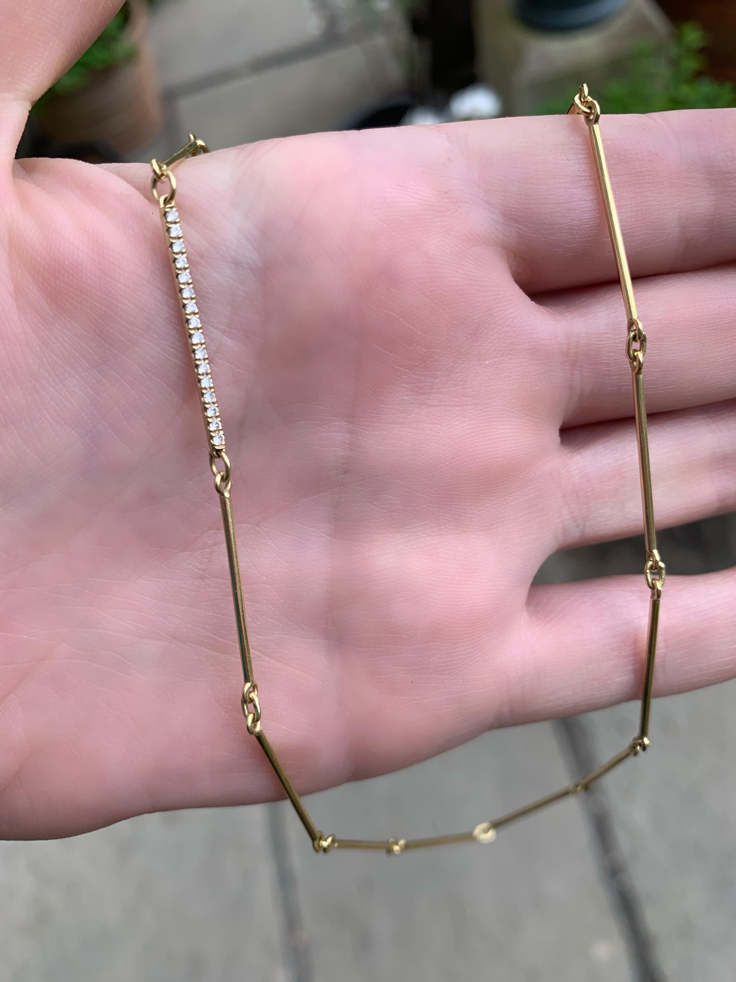 Round Cut Minka, 18k Yellow Gold Bar Chain Necklace with Diamond Set Bar