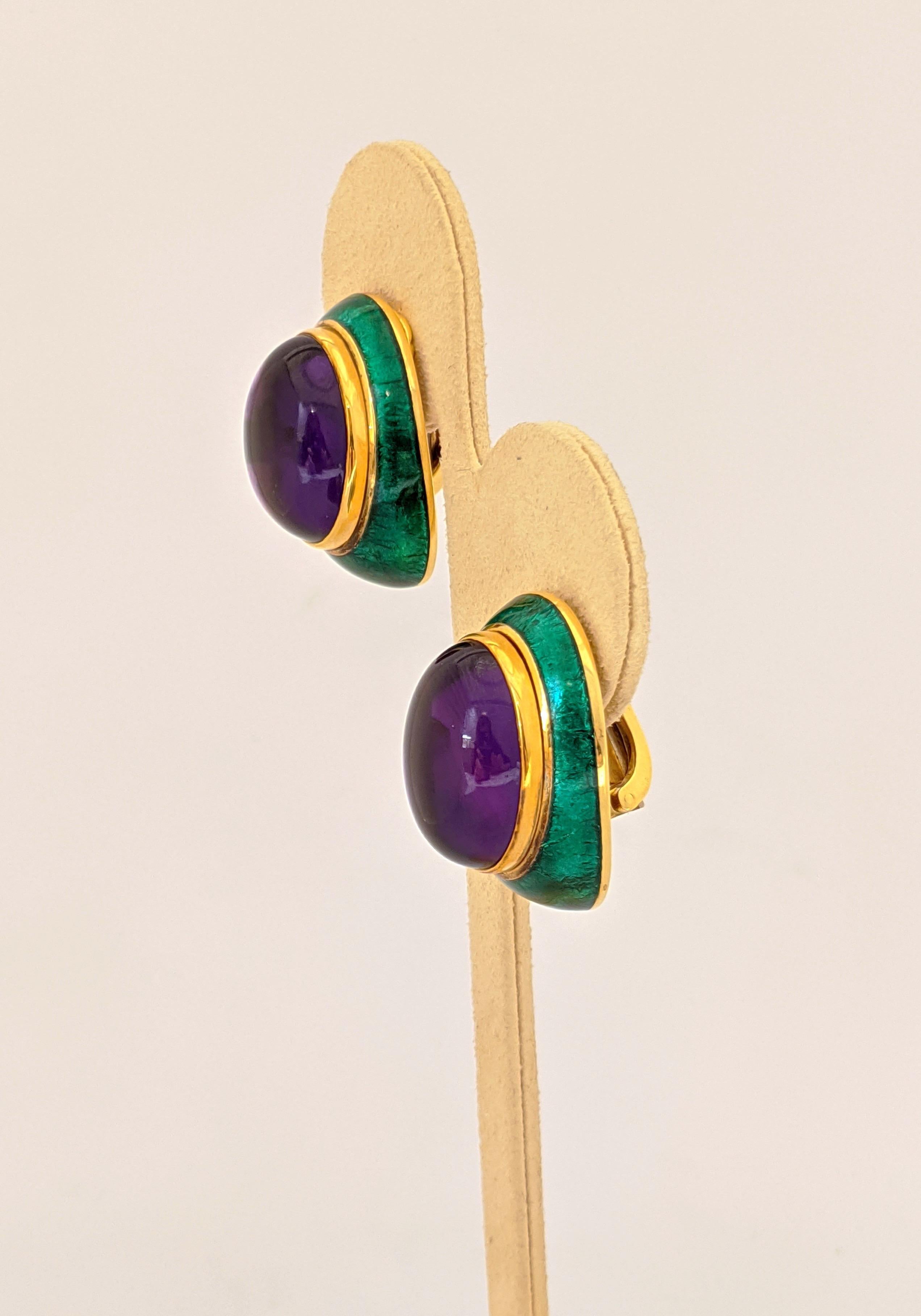 Modern 18 Karat Yellow Gold, Green Enamel Earrings with 34.46 Carat Cabochon Amethyst For Sale
