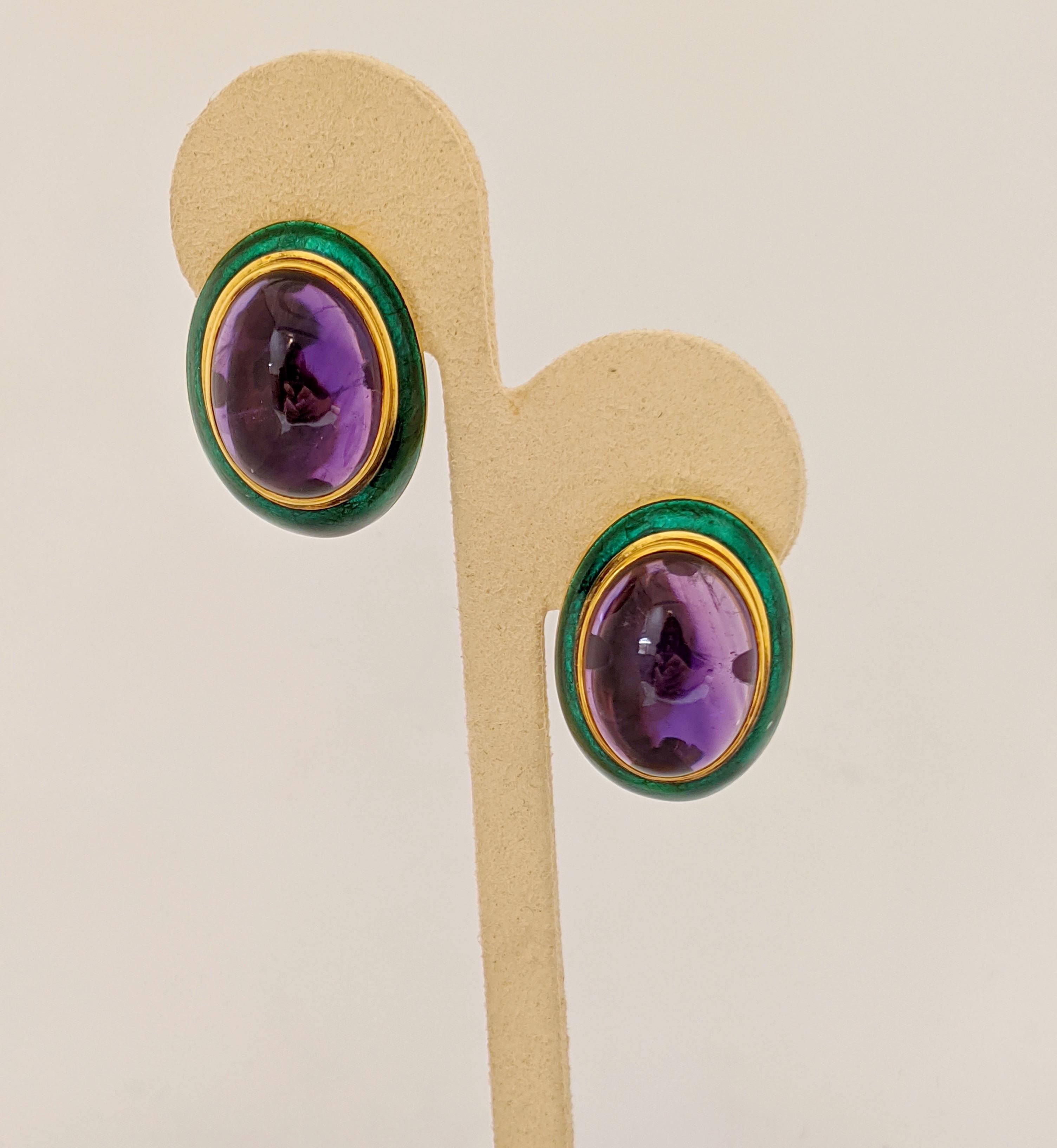 Oval Cut 18 Karat Yellow Gold, Green Enamel Earrings with 34.46 Carat Cabochon Amethyst For Sale