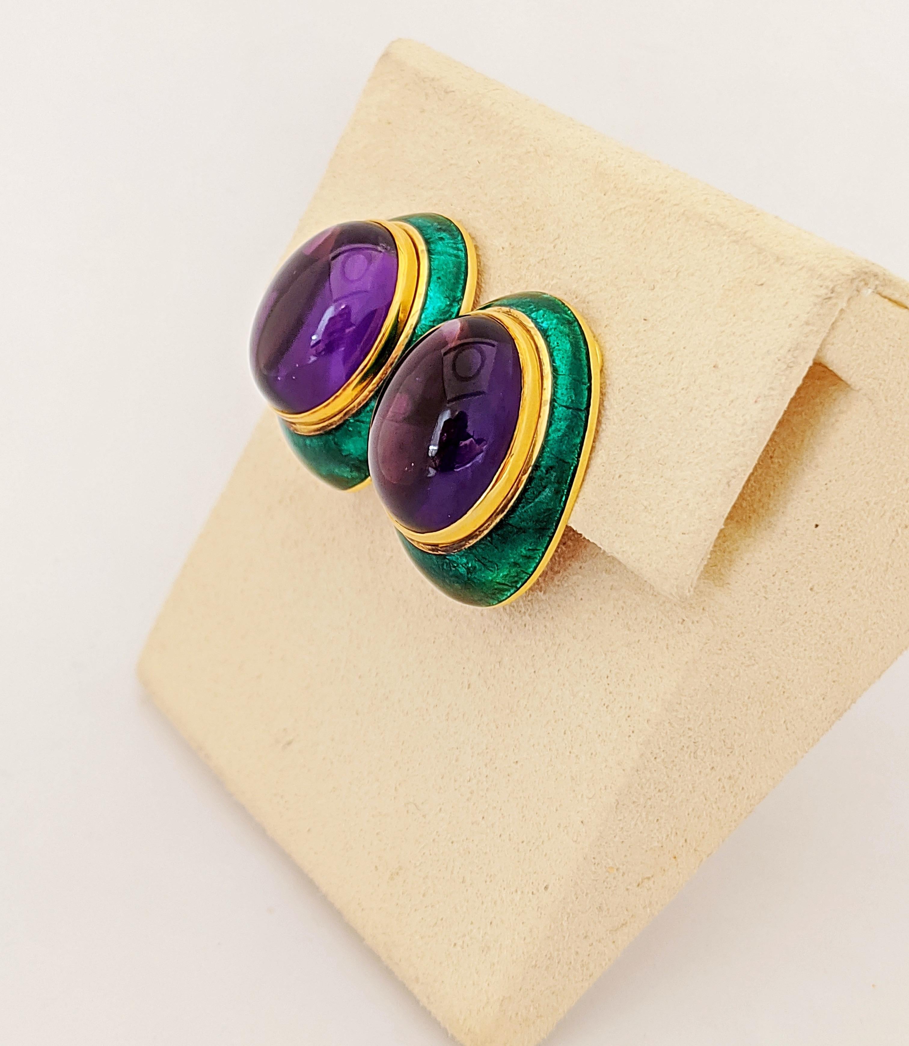 18 Karat Yellow Gold, Green Enamel Earrings with 34.46 Carat Cabochon Amethyst In New Condition For Sale In New York, NY