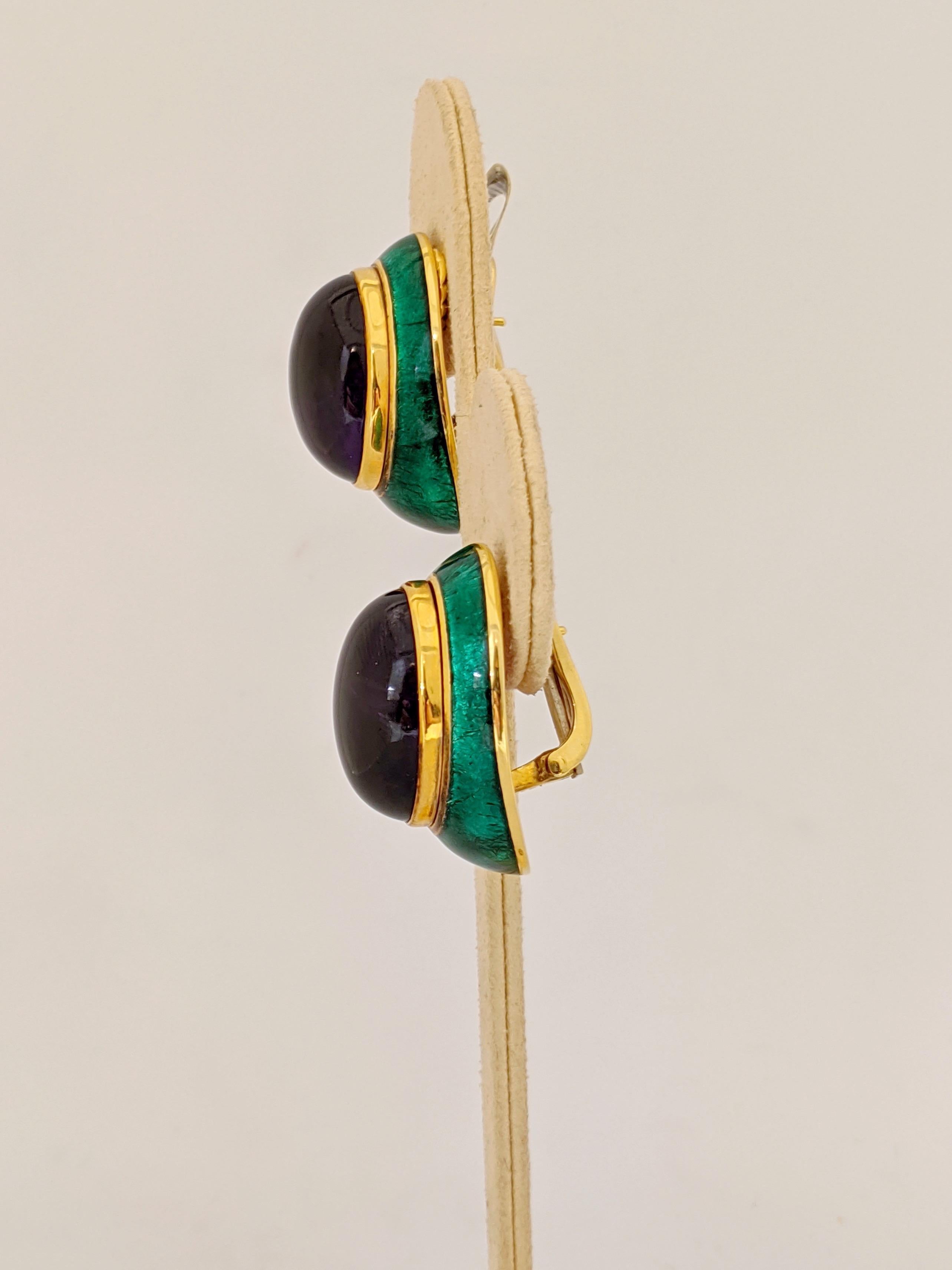 Women's or Men's 18 Karat Yellow Gold, Green Enamel Earrings with 34.46 Carat Cabochon Amethyst For Sale