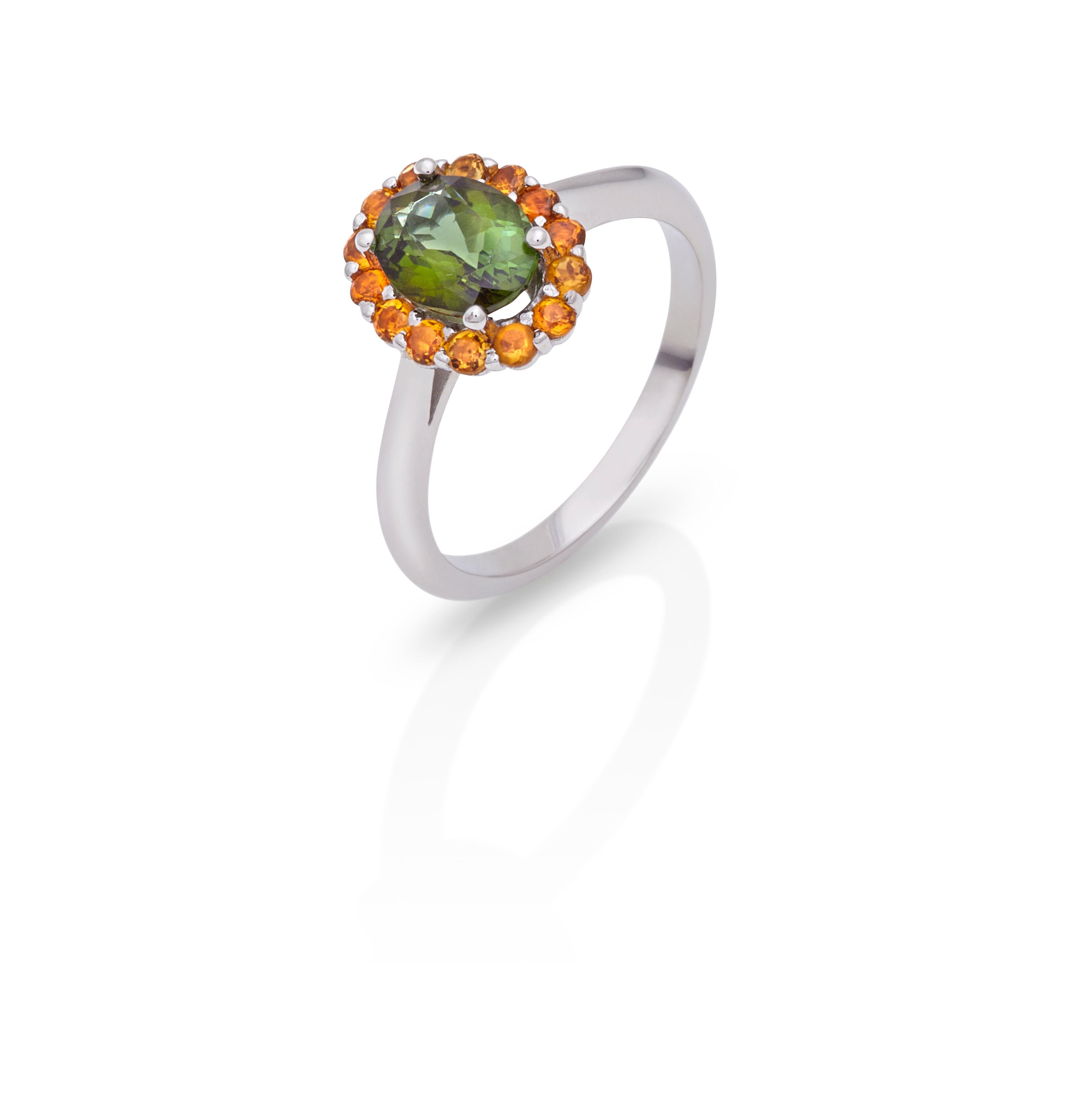 For Sale:  18kt Yellow Gold Green Oval Tourmaline & Citrine Protection Ring Cluster Modern 6