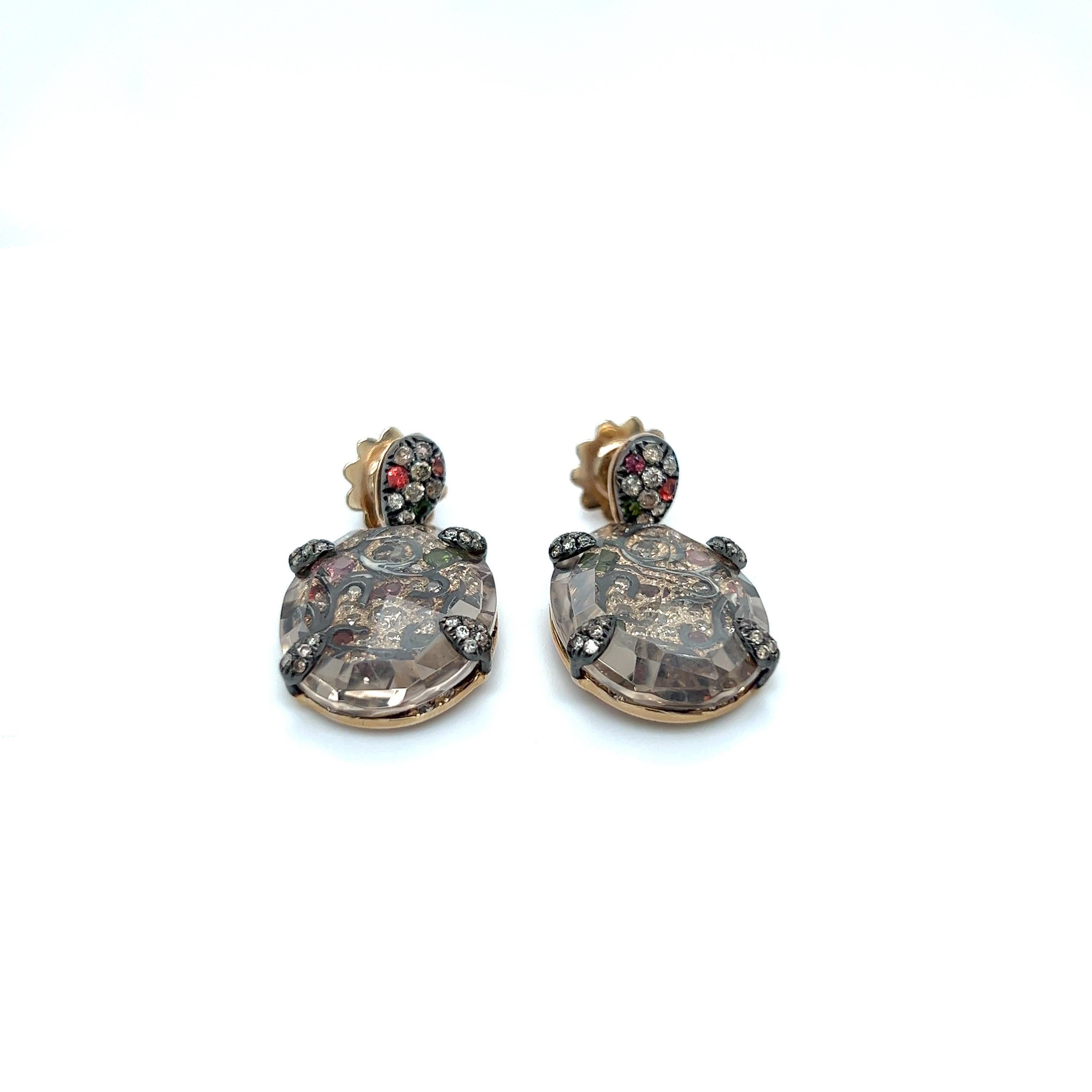 18KT Yellow Gold Hanging Earrings with 28.00 Brown Qtz. 1.80 Ct Brown Diamonds In New Condition For Sale In New York, NY