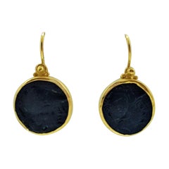18kt Yellow Gold Hook-Style Dangle Ancient -Style Bezel Coin Earrings, Greece