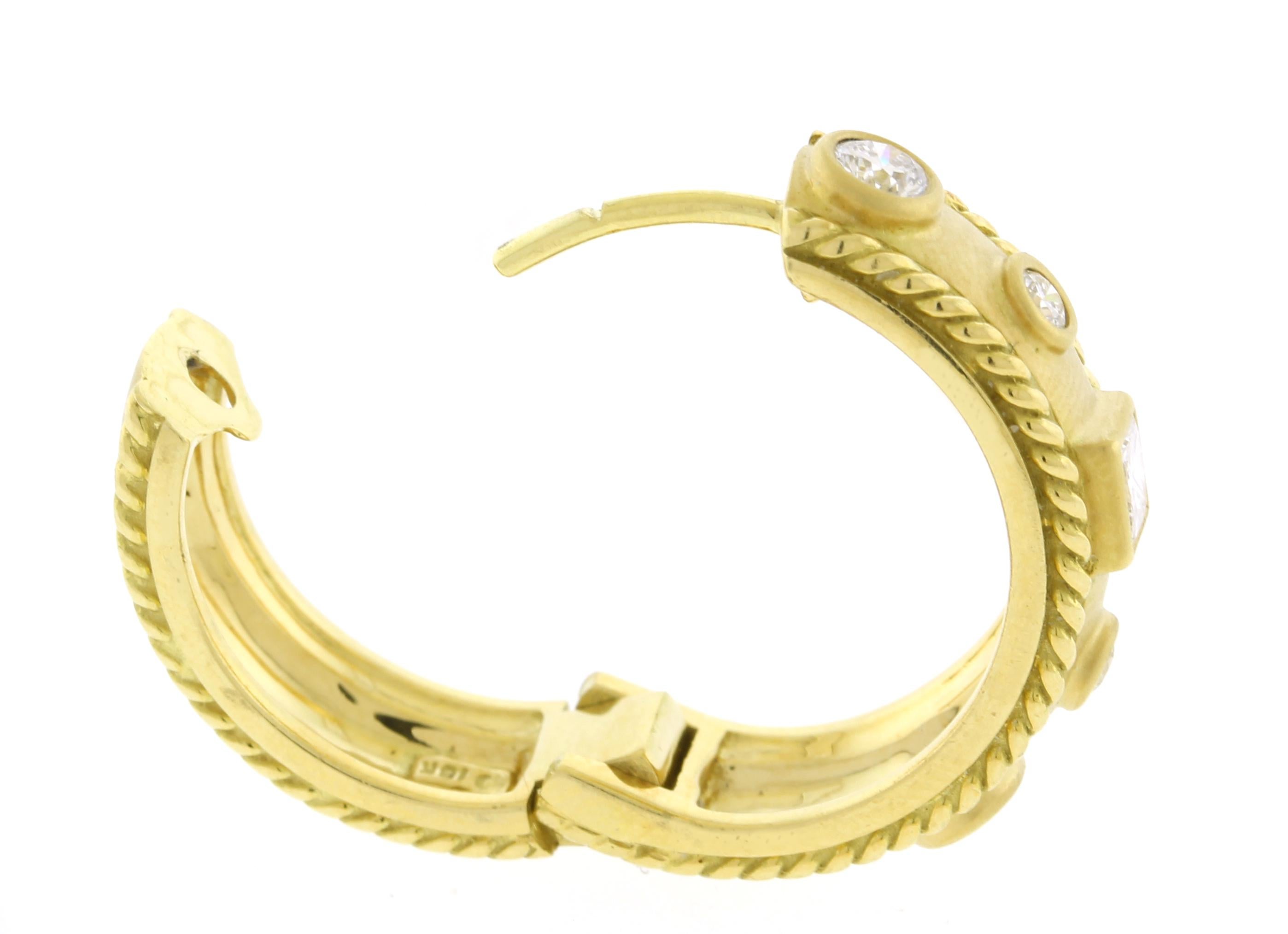 Brilliant Cut 18kt Yellow Gold Hoop Earring with Bezel Set Diamonds For Sale
