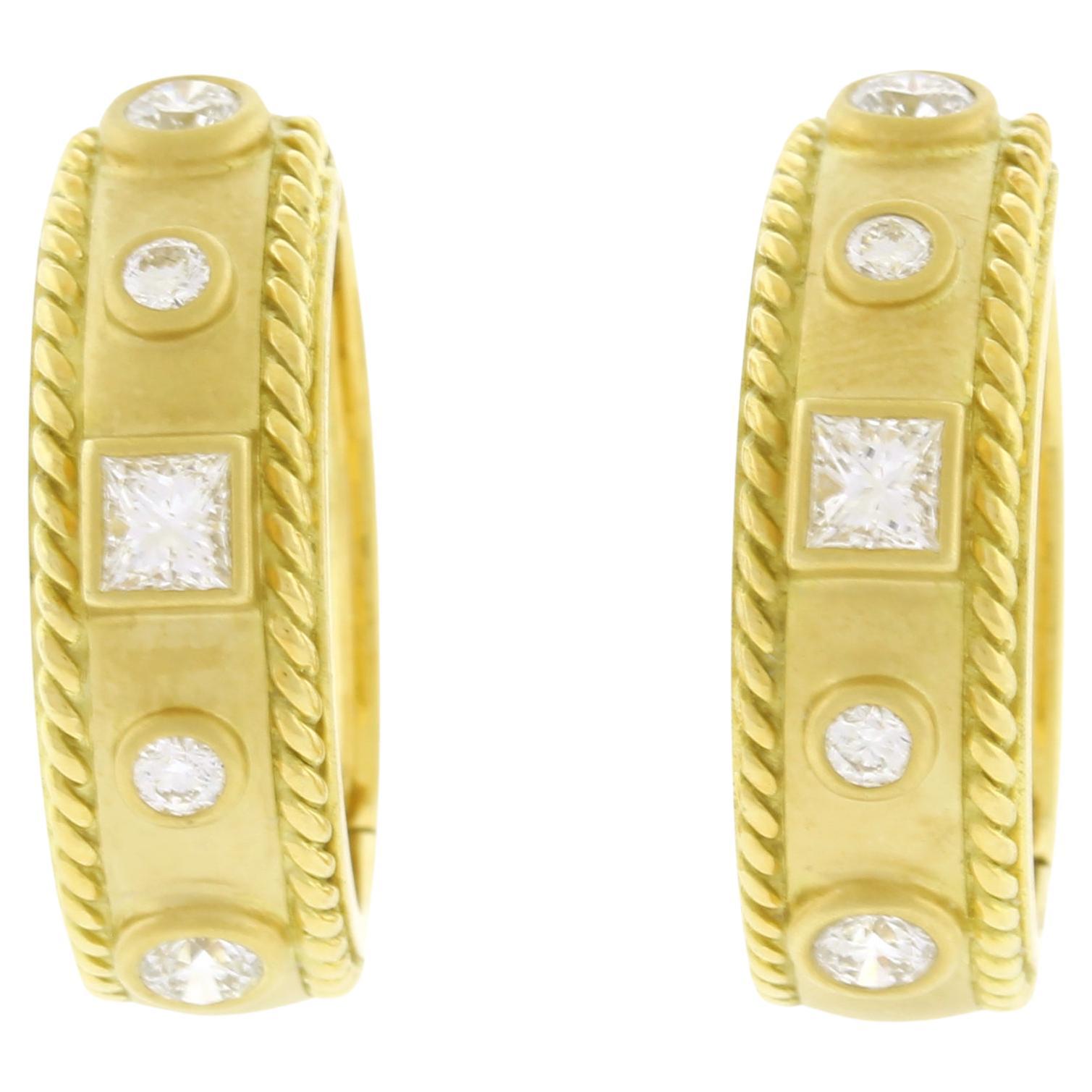 18kt Yellow Gold Hoop Earring with Bezel Set Diamonds For Sale