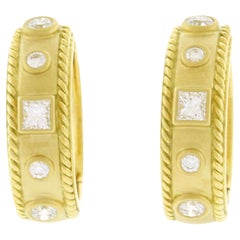 Vintage 18kt Yellow Gold Hoop Earring with Bezel Set Diamonds