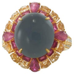 18KT Yellow Gold IGI Certified Jade, Ruby and Diamond Cocktail Ring