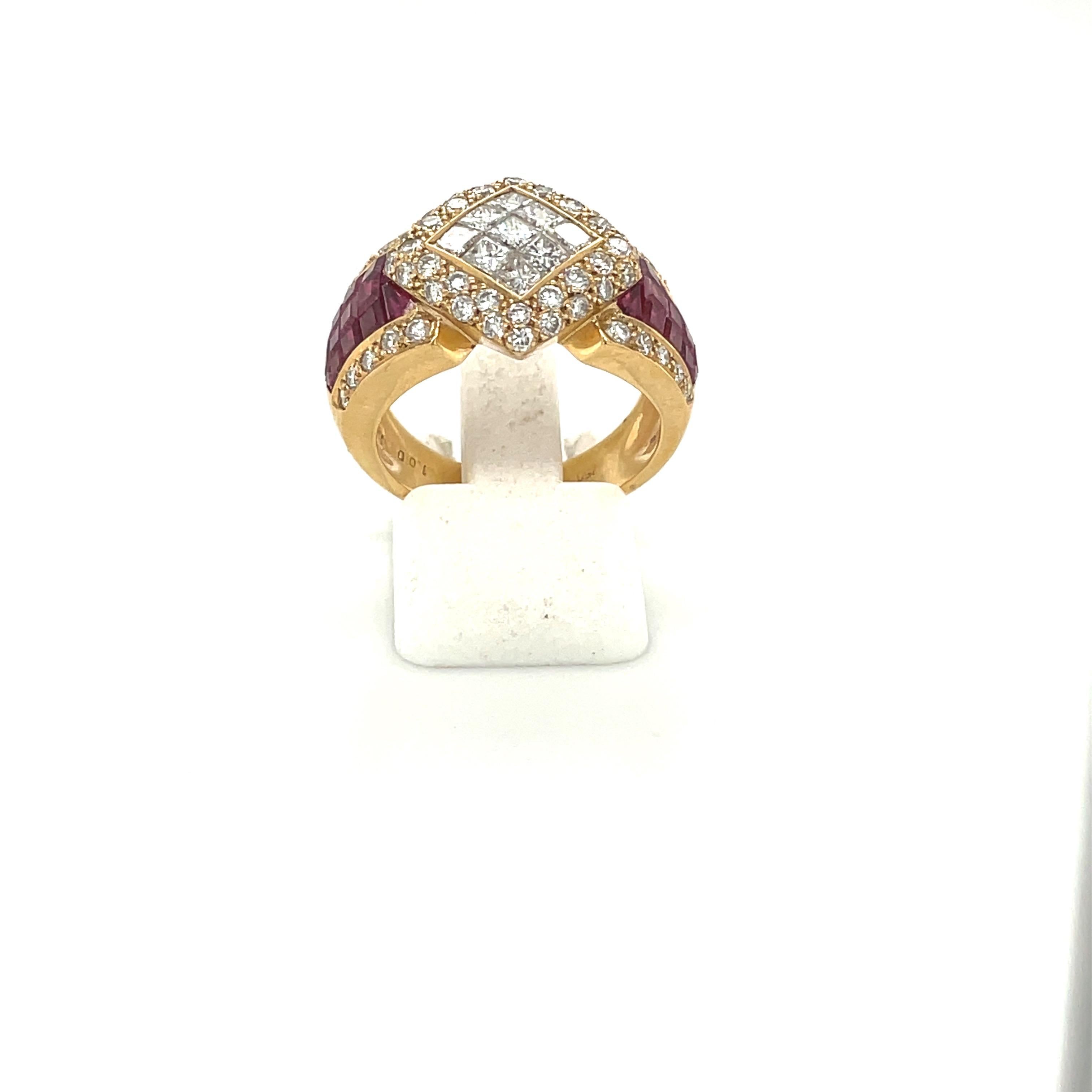 18 Karat Yellow Gold Invisibly Set Diamond 2.00 Carat and Ruby 4.19 Carat Ring For Sale 4