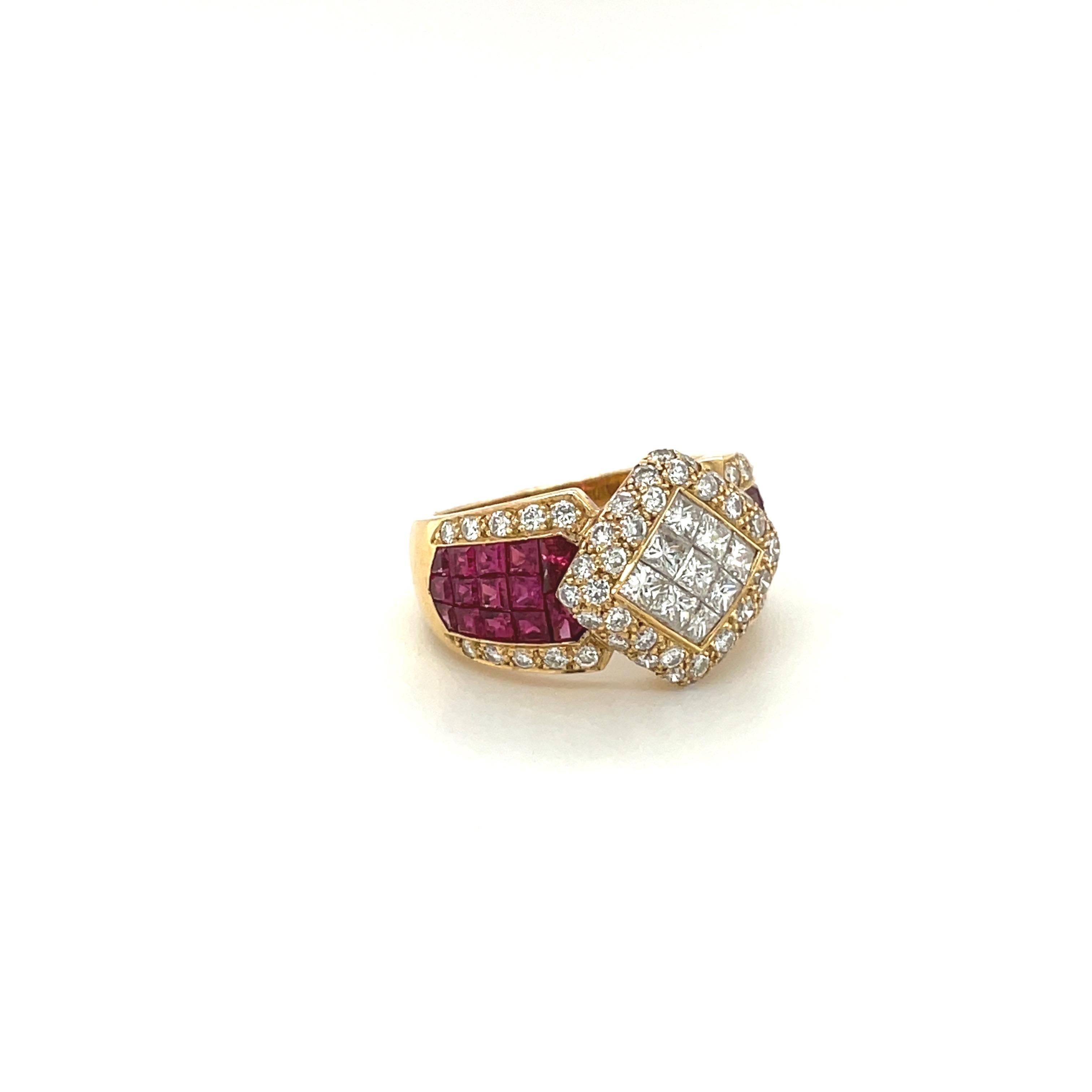 Contemporary 18 Karat Yellow Gold Invisibly Set Diamond 2.00 Carat and Ruby 4.19 Carat Ring For Sale