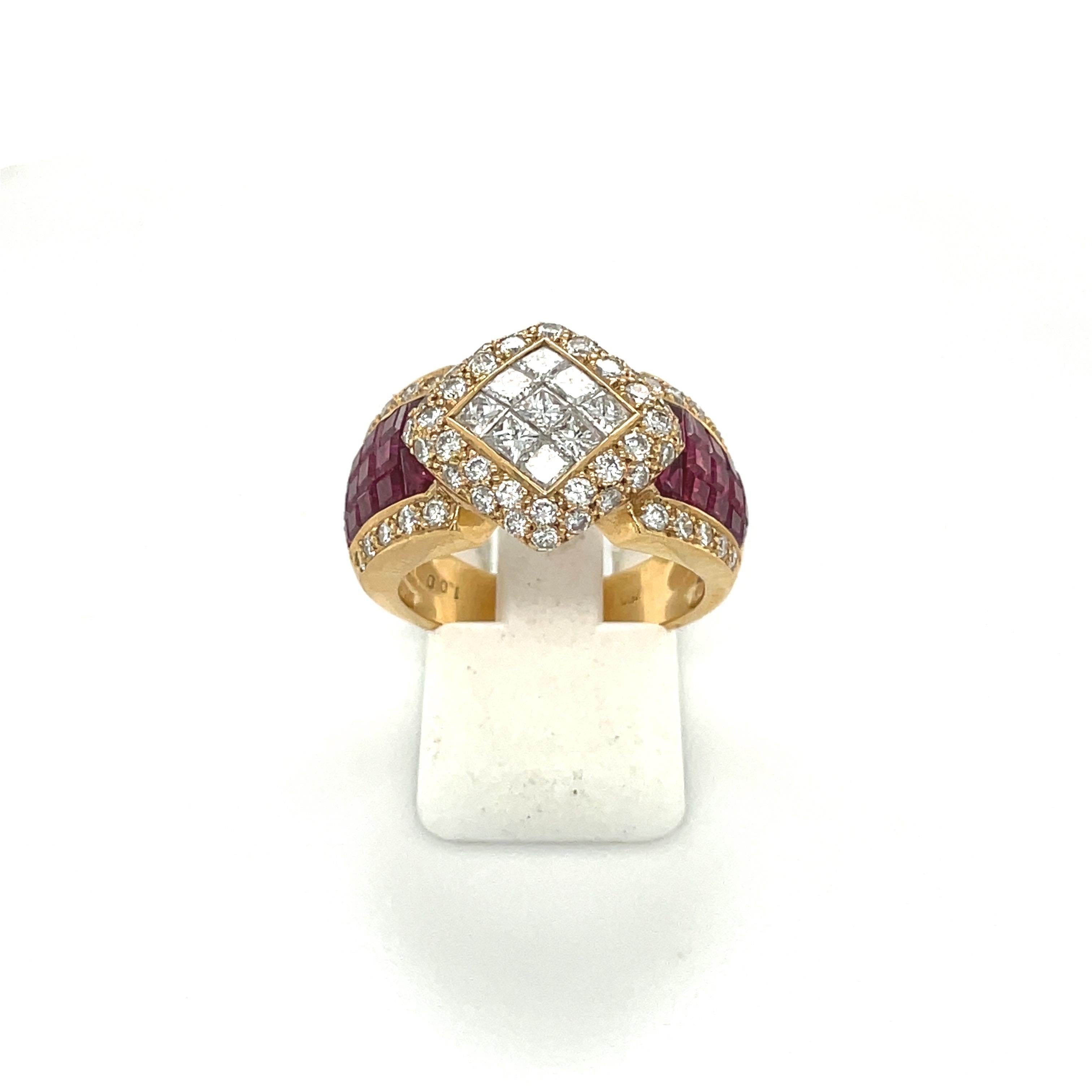 18 Karat Yellow Gold Invisibly Set Diamond 2.00 Carat and Ruby 4.19 Carat Ring In New Condition For Sale In New York, NY