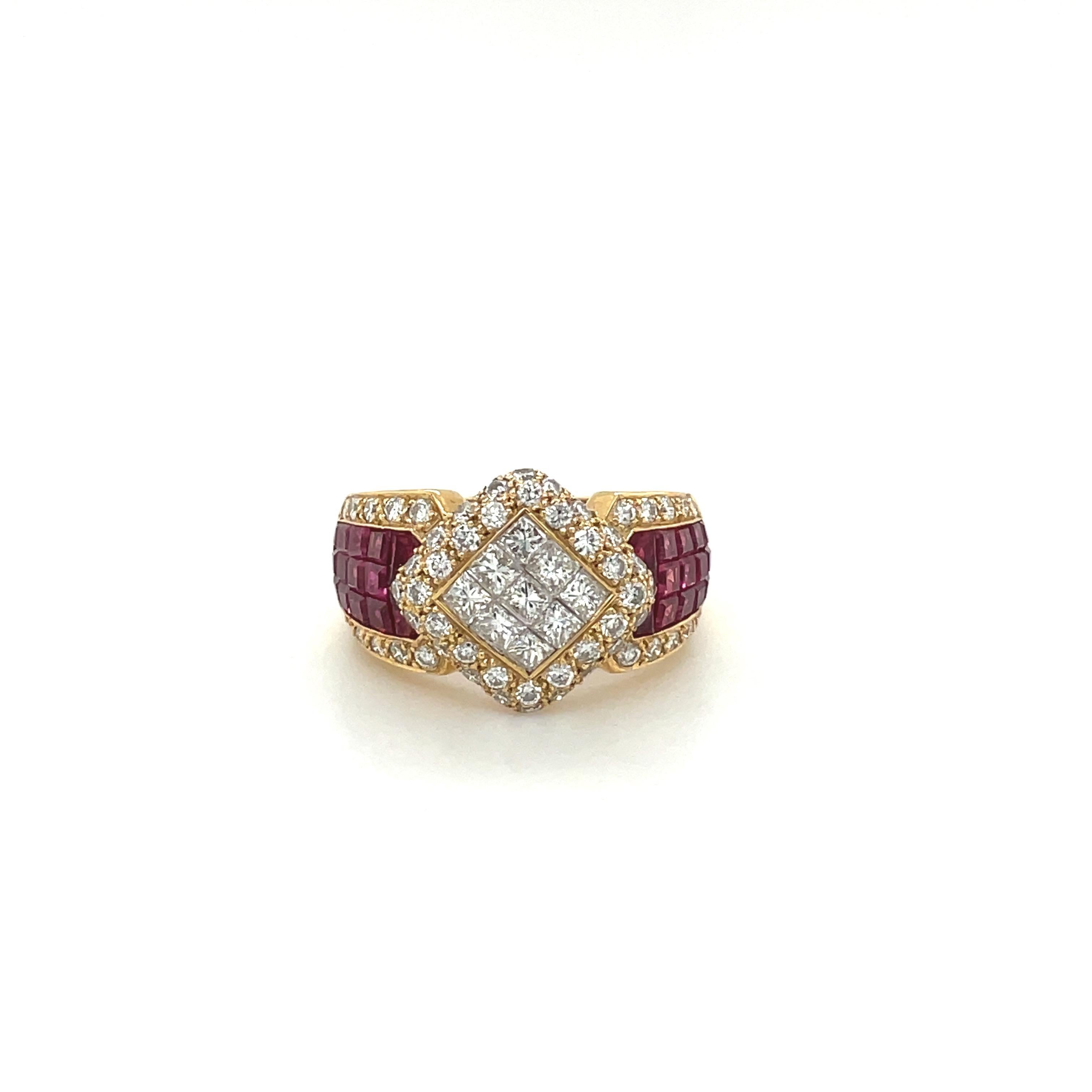 Women's or Men's 18 Karat Yellow Gold Invisibly Set Diamond 2.00 Carat and Ruby 4.19 Carat Ring For Sale
