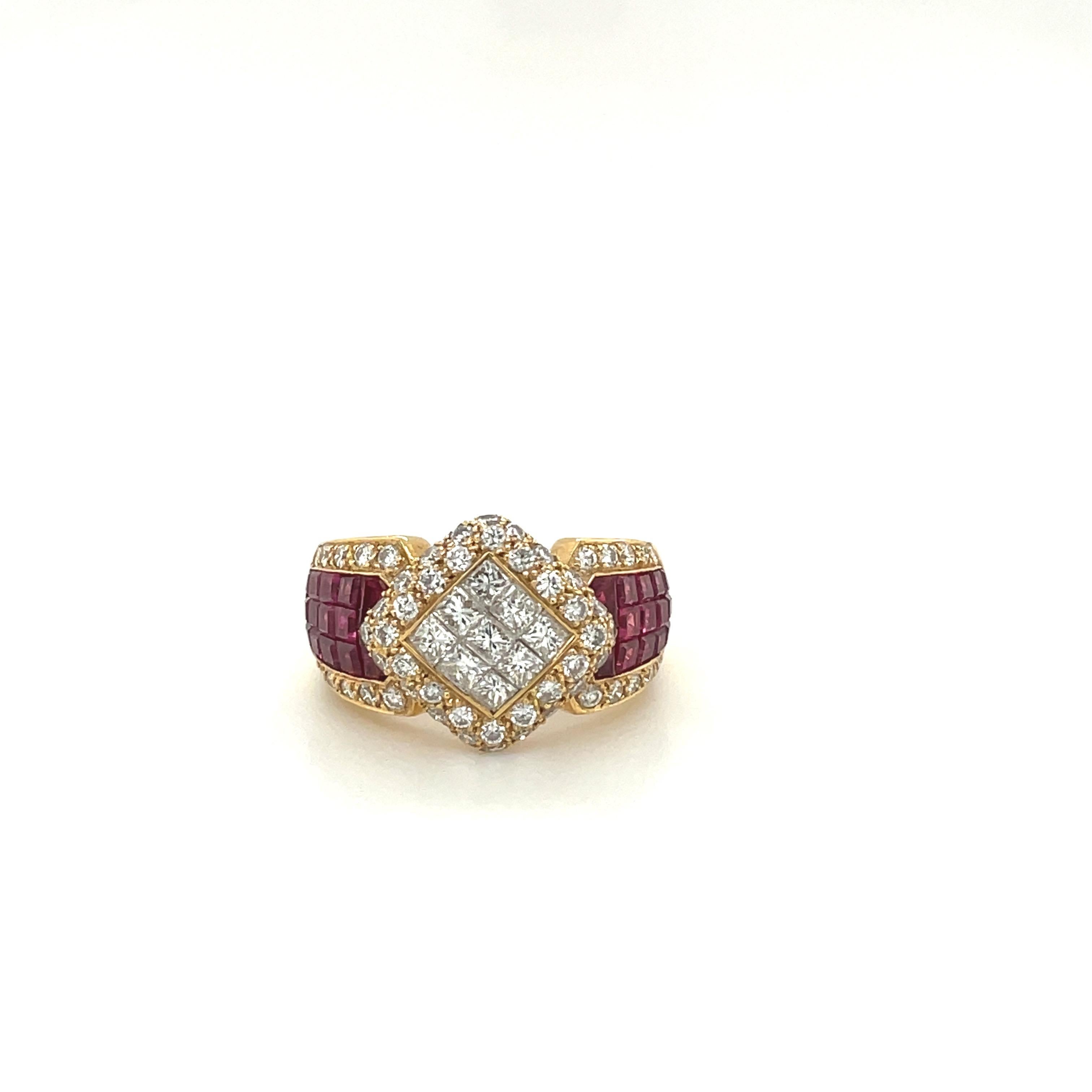 18 Karat Yellow Gold Invisibly Set Diamond 2.00 Carat and Ruby 4.19 Carat Ring For Sale 2