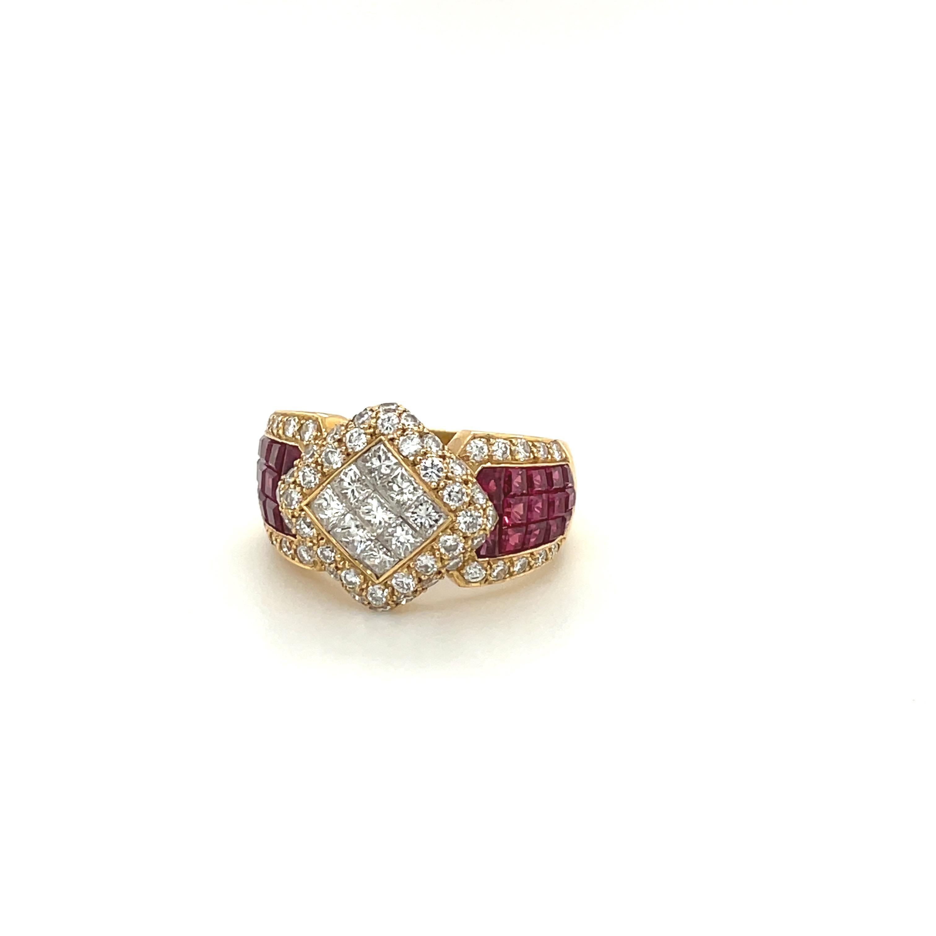 18 Karat Yellow Gold Invisibly Set Diamond 2.00 Carat and Ruby 4.19 Carat Ring For Sale 3