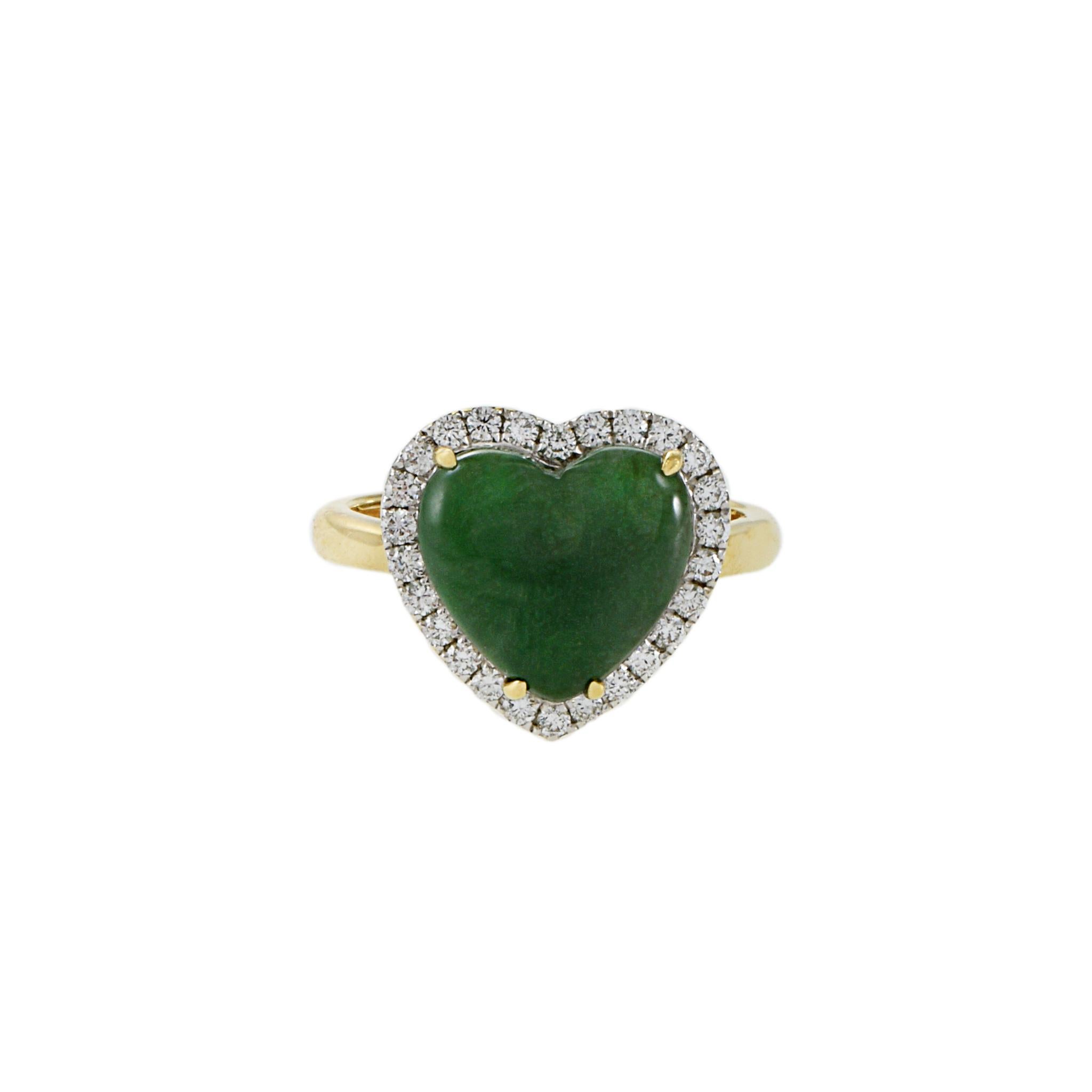 This luxe look is crafted from 18KT yellow gold and features a stunning heart shape genuine jade center stone complimented with 0.35CT-TW of sparkling round brilliant cut diamonds. Size 6.5 US. Weight 5.5 gm.