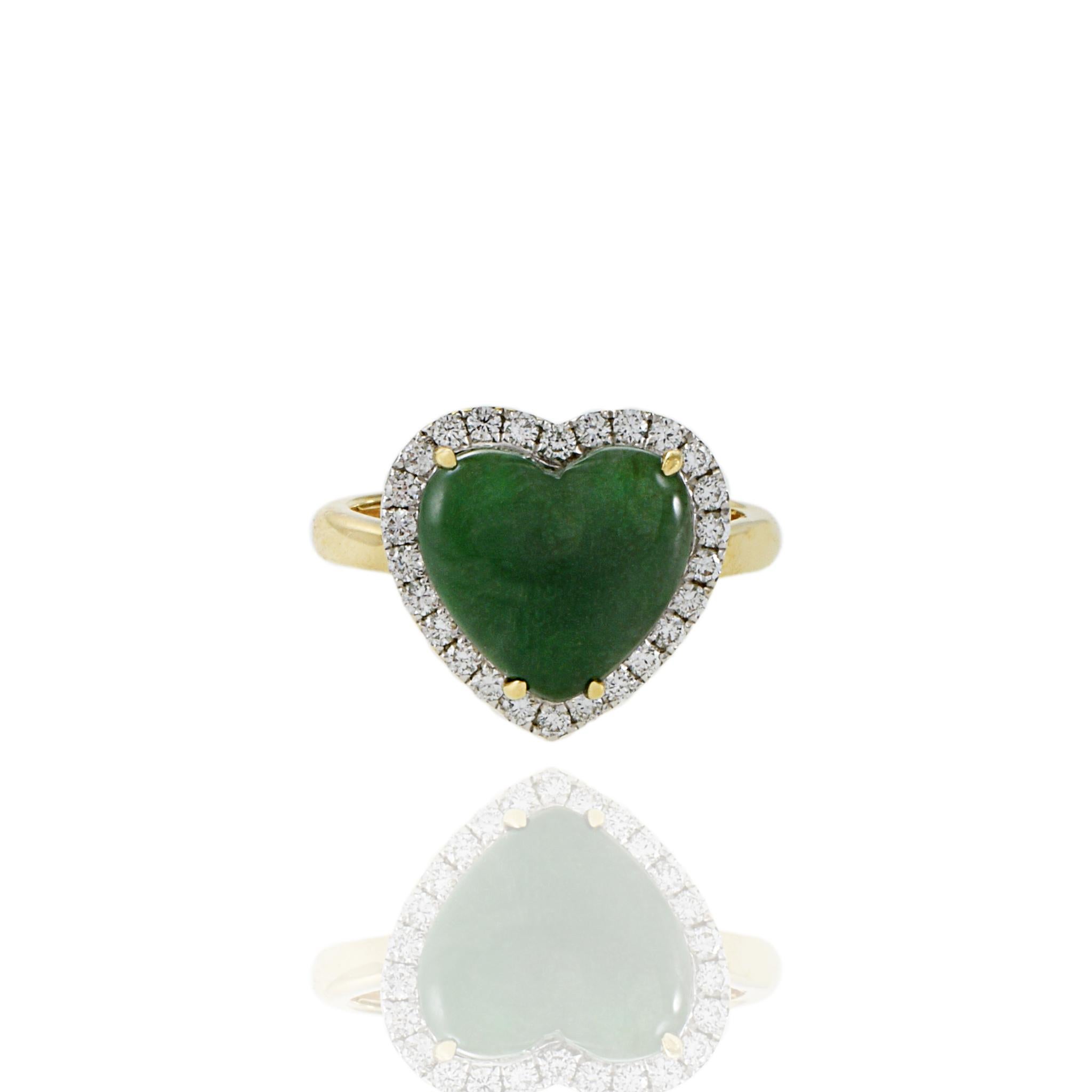 Modern 18KT Yellow Gold Jade And Diamond Heart Ring For Sale
