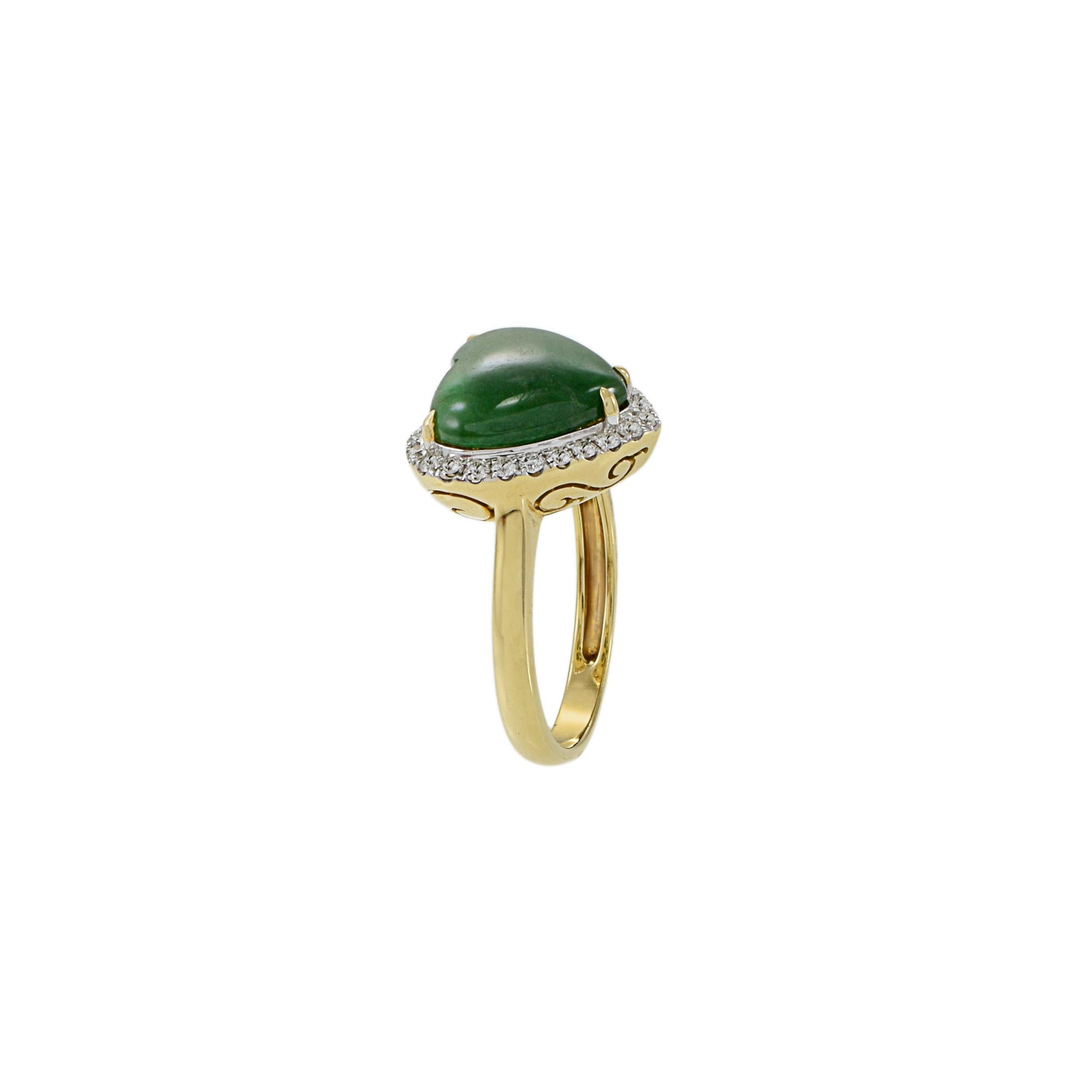 18KT Yellow Gold Jade And Diamond Heart Ring For Sale 1