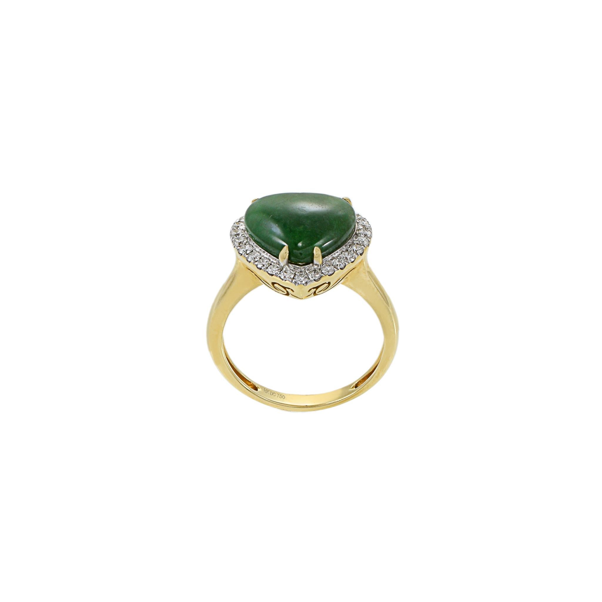 18KT Yellow Gold Jade And Diamond Heart Ring For Sale 2