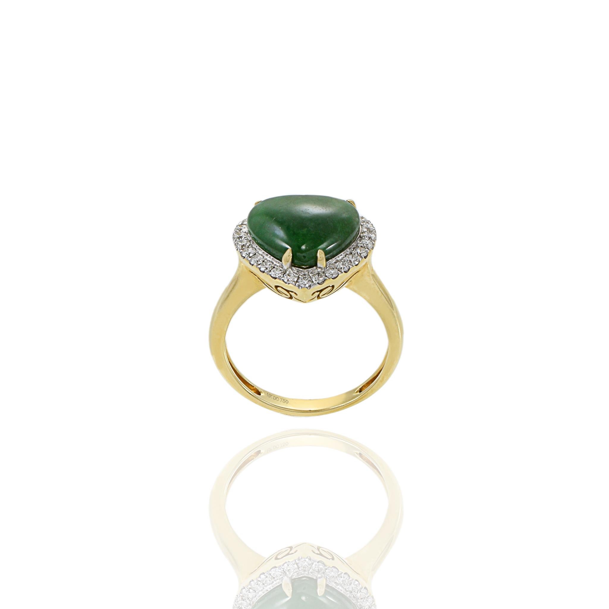 18KT Yellow Gold Jade And Diamond Heart Ring For Sale 3