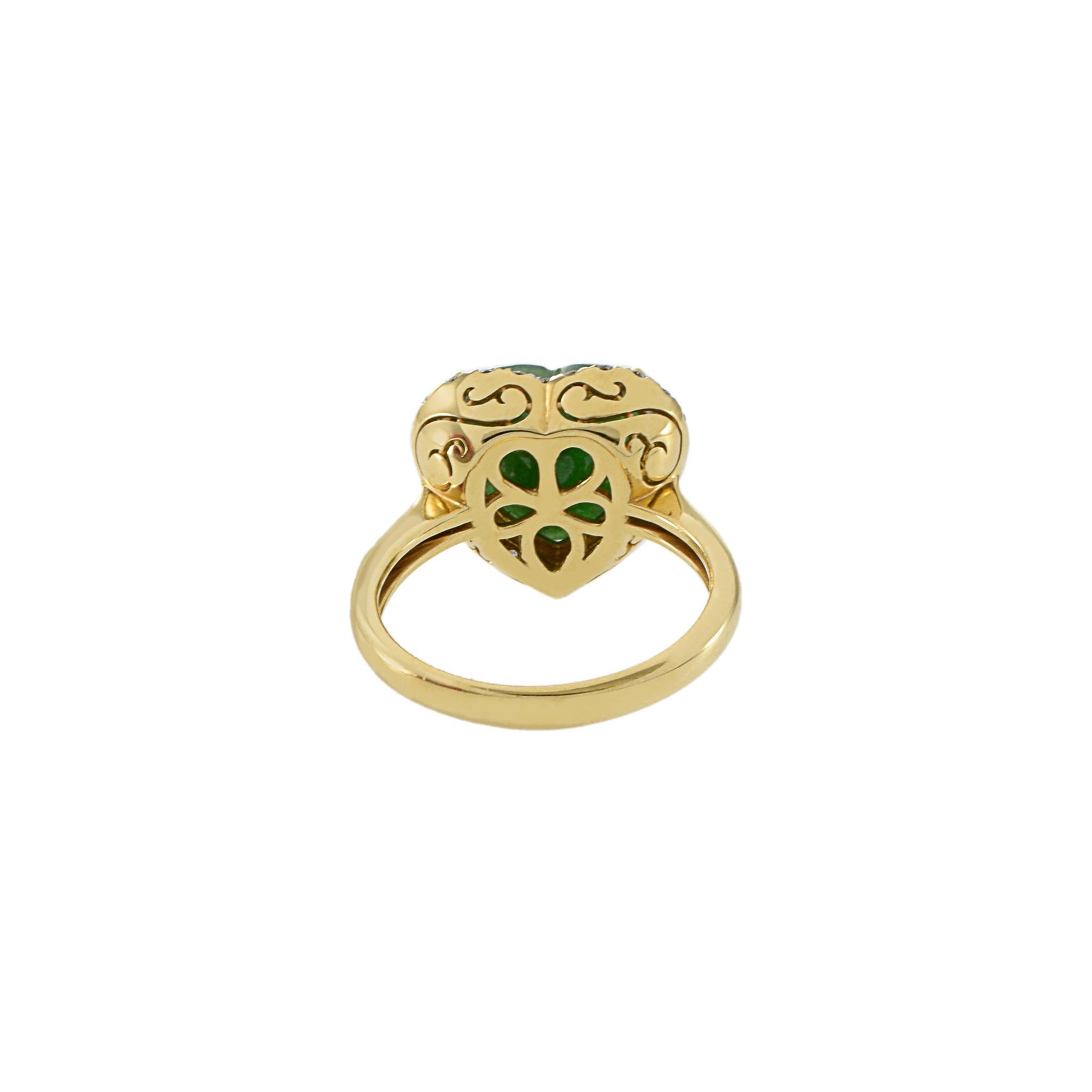 18KT Yellow Gold Jade And Diamond Heart Ring For Sale 4