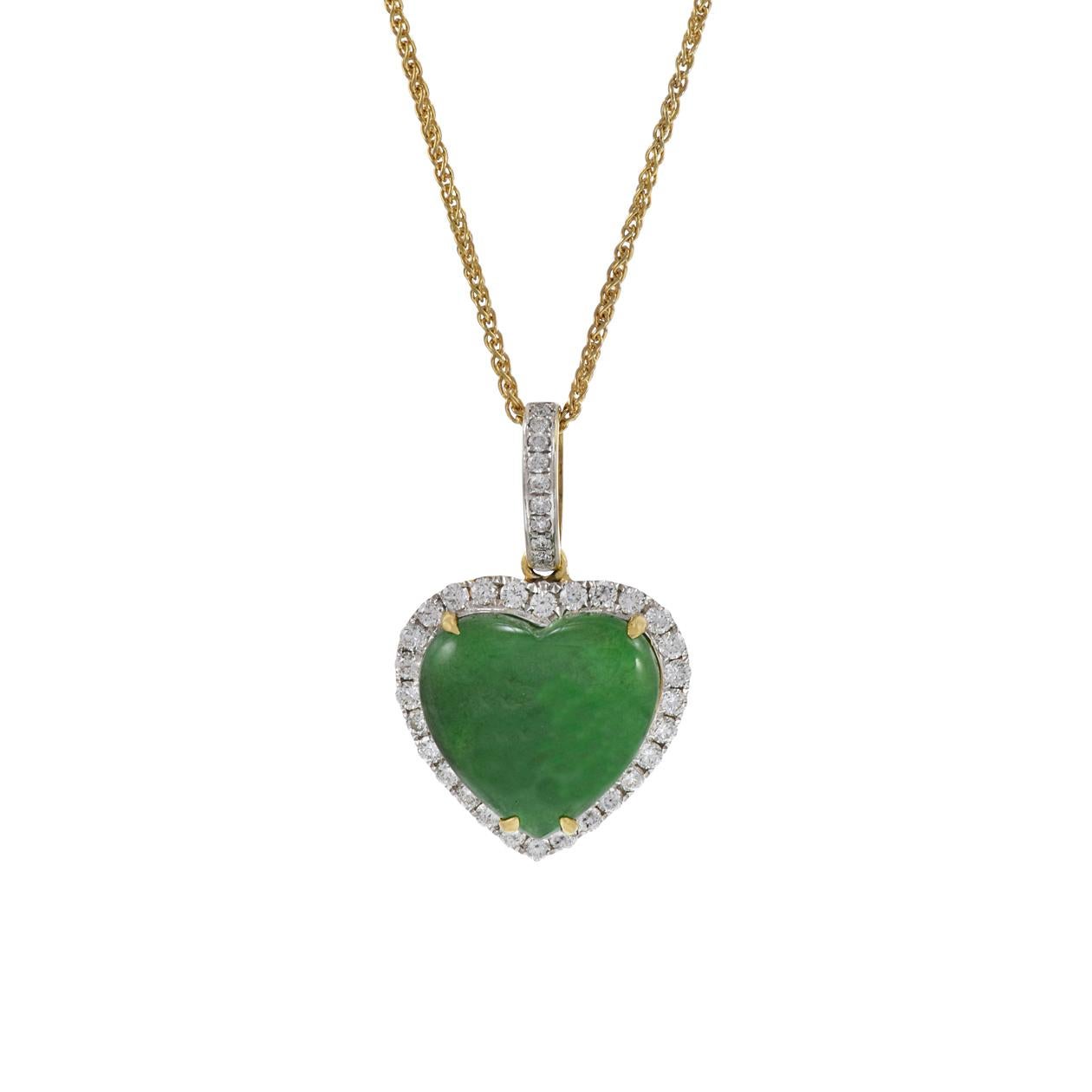 Introducing our exquisite 18KT Yellow Gold Genuine Jade Heart Halo Diamond Pendant Necklace. This elegant masterpiece showcases a captivating heart-shaped green jade adorned with a dazzling halo of round-cut diamonds, totaling 0.42 carats. Length 16