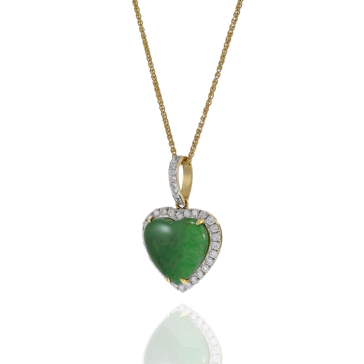 Heart Cut 18KT Yellow Gold Jade Heart And Diamond Pendant Necklace For Sale