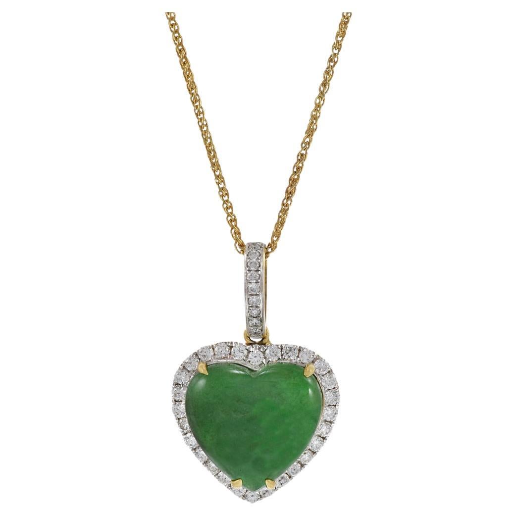 18KT Yellow Gold Jade Heart And Diamond Pendant Necklace
