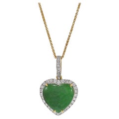 18KT Yellow Gold Jade Heart And Diamond Pendant Necklace